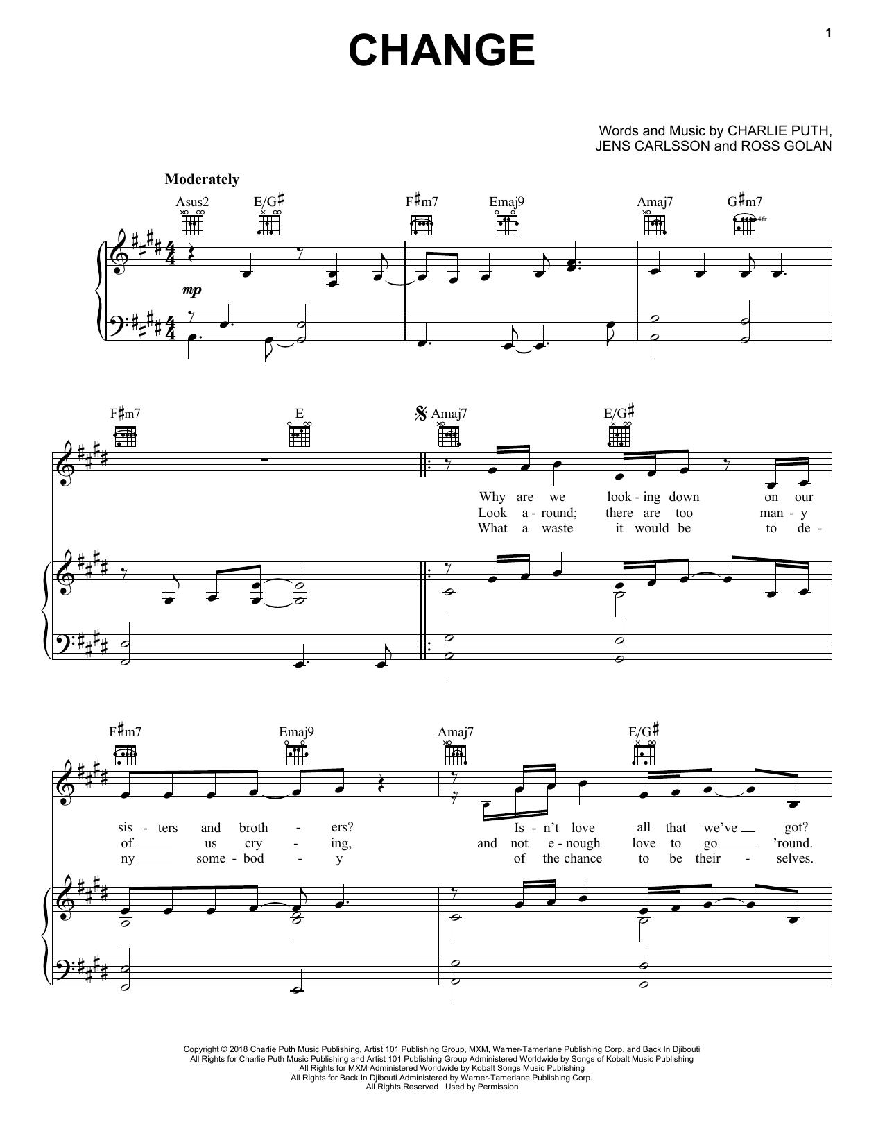 Charlie Puth featuring James Taylor Change sheet music notes and chords arranged for Piano, Vocal & Guitar Chords (Right-Hand Melody)