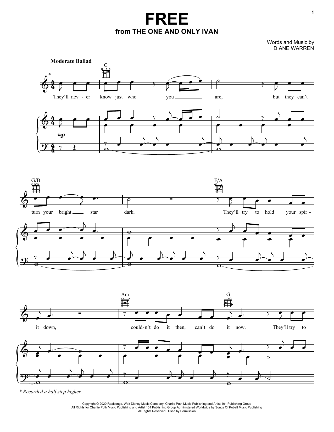 Charlie Puth Free (from Disney's The One And Only Ivan) sheet music notes and chords arranged for Piano, Vocal & Guitar Chords (Right-Hand Melody)