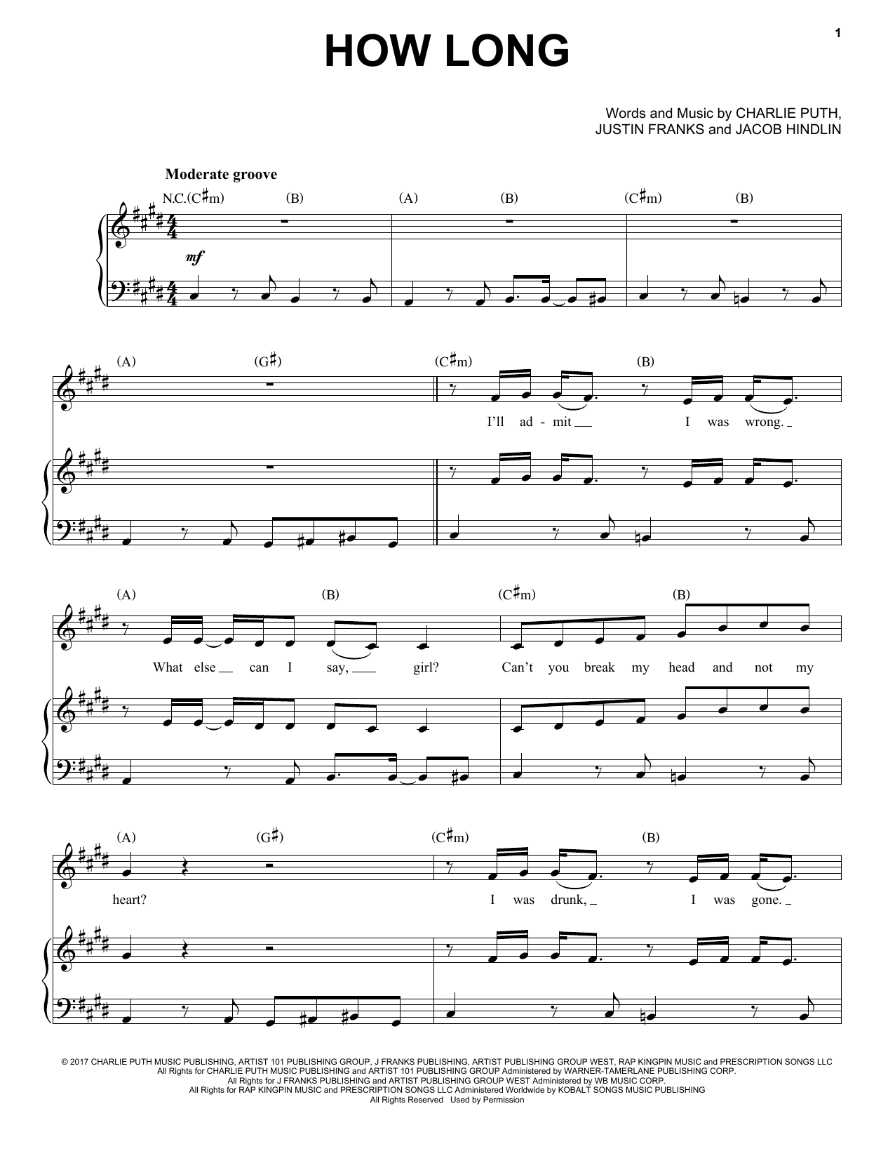 Charlie Puth How Long sheet music notes and chords arranged for Piano, Vocal & Guitar Chords (Right-Hand Melody)
