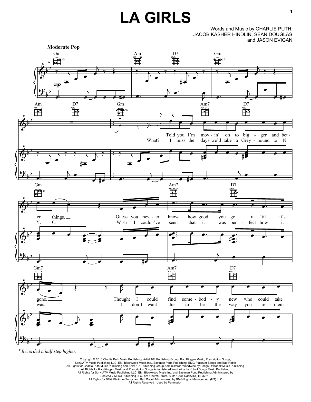 Charlie Puth LA Girls sheet music notes and chords arranged for Piano, Vocal & Guitar Chords (Right-Hand Melody)