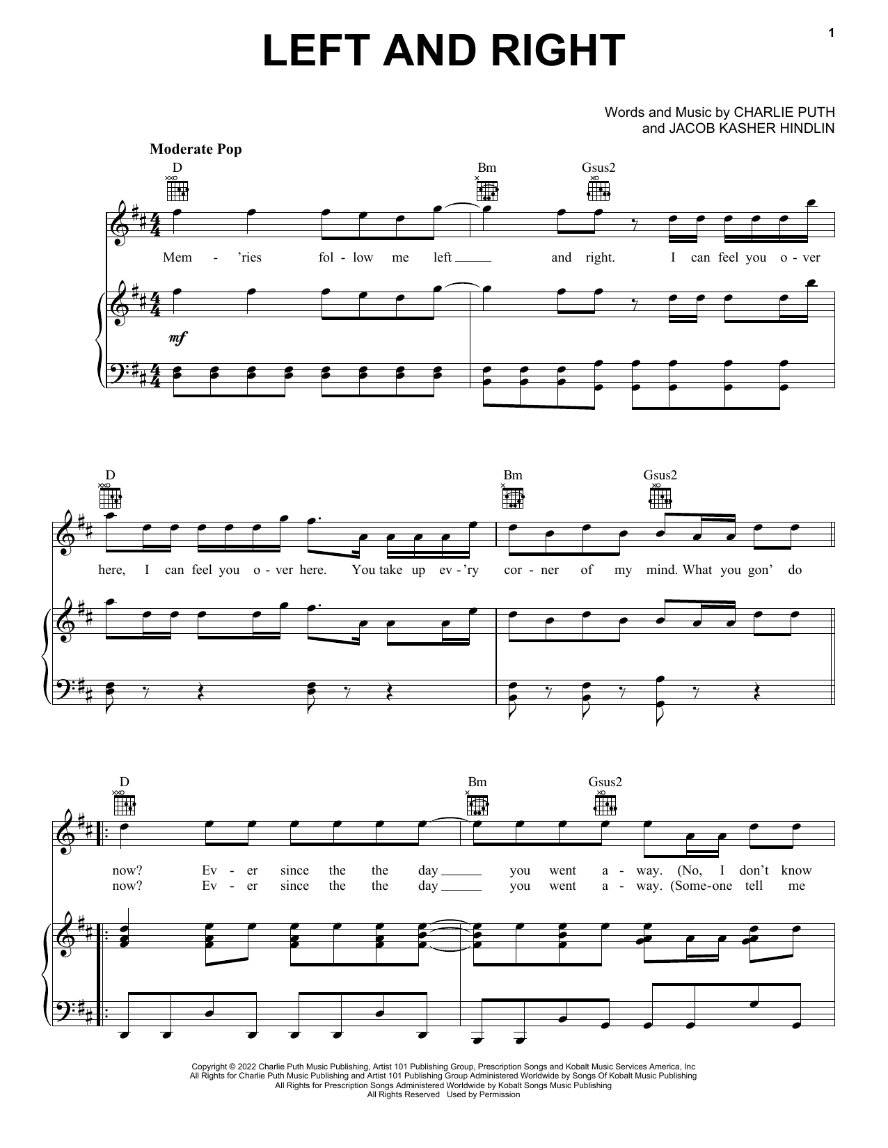 Charlie Puth Left And Right (feat. Jung Kook of BTS) sheet music notes and chords arranged for Easy Piano