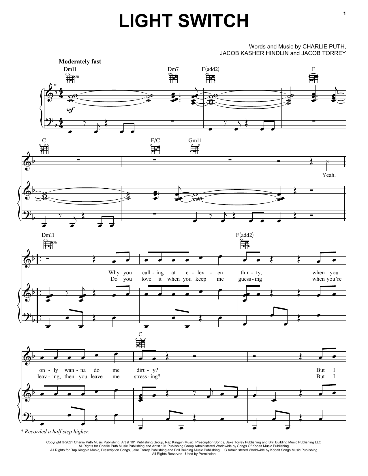 Charlie Puth Light Switch sheet music notes and chords arranged for Easy Piano