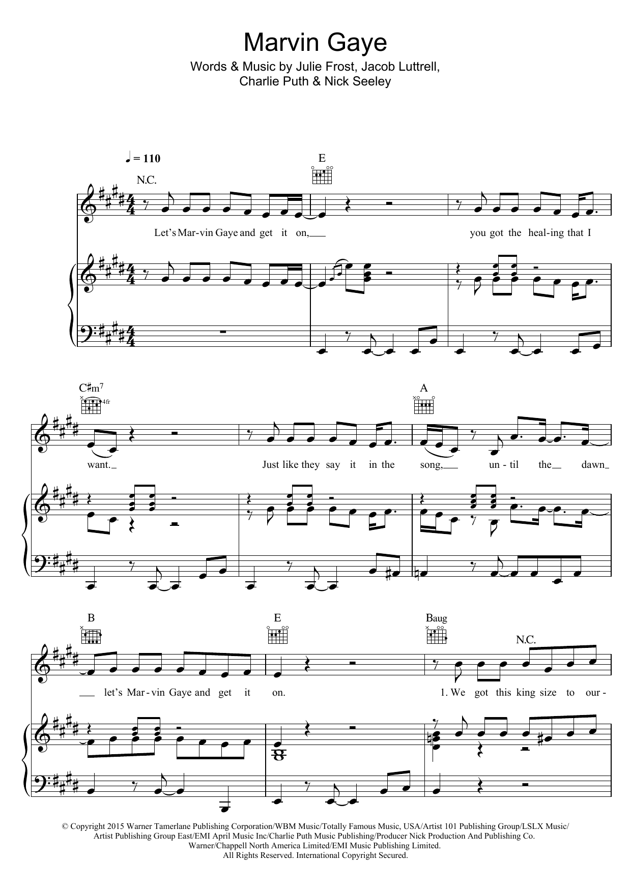 Charlie Puth Marvin Gaye (featuring Meghan Trainor) sheet music notes and chords arranged for Piano, Vocal & Guitar Chords