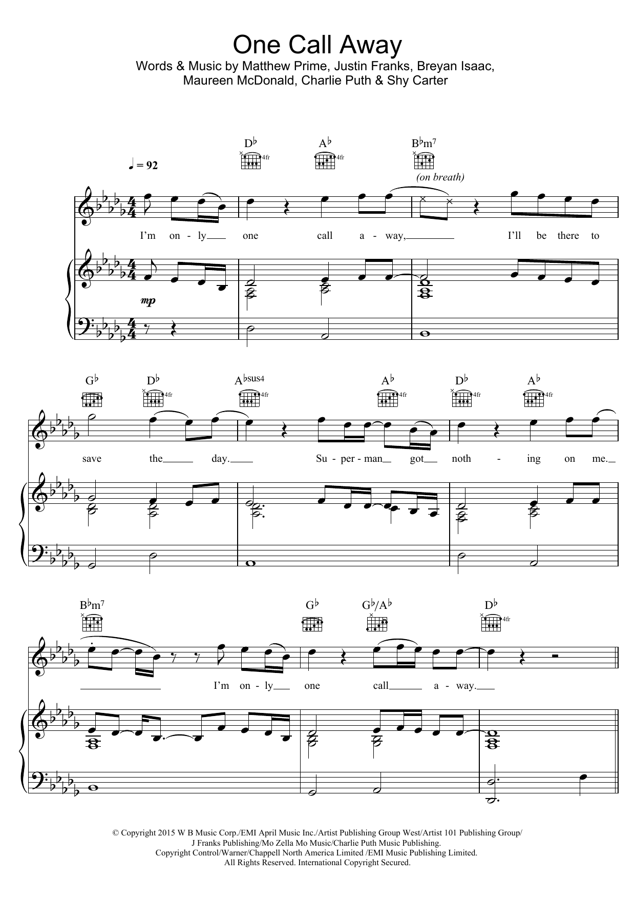 Charlie Puth One Call Away sheet music notes and chords arranged for Super Easy Piano