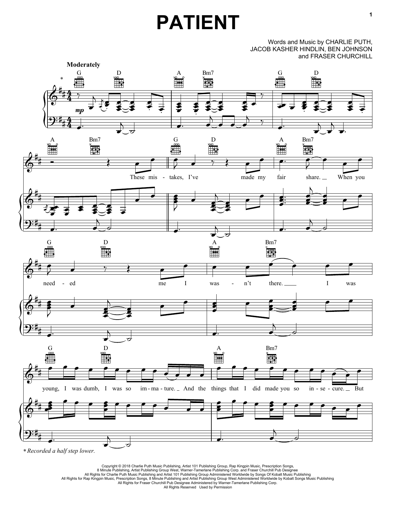 Charlie Puth Patient sheet music notes and chords arranged for Piano, Vocal & Guitar Chords (Right-Hand Melody)