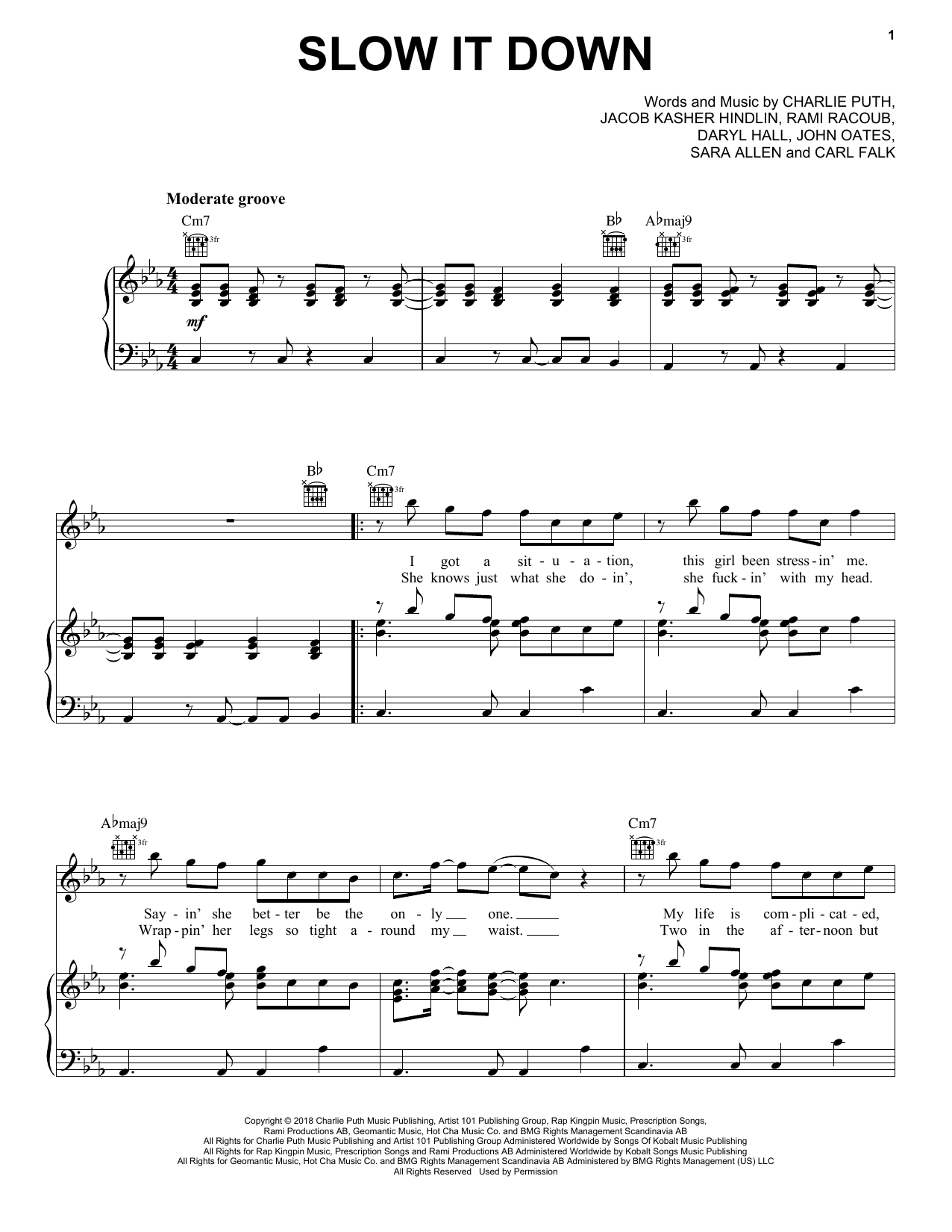Charlie Puth Slow It Down sheet music notes and chords arranged for Piano, Vocal & Guitar Chords (Right-Hand Melody)