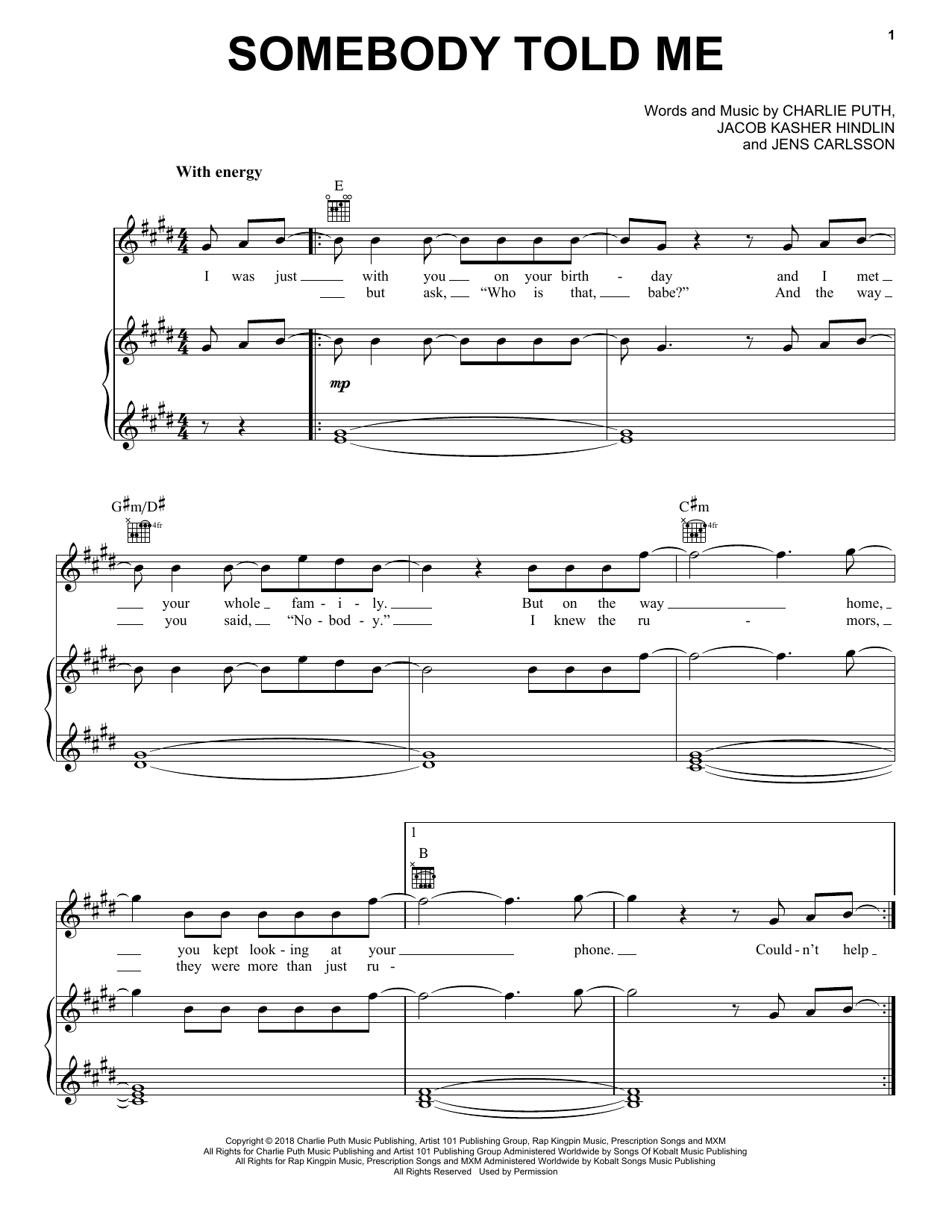 Charlie Puth Somebody Told Me sheet music notes and chords arranged for Piano, Vocal & Guitar Chords (Right-Hand Melody)