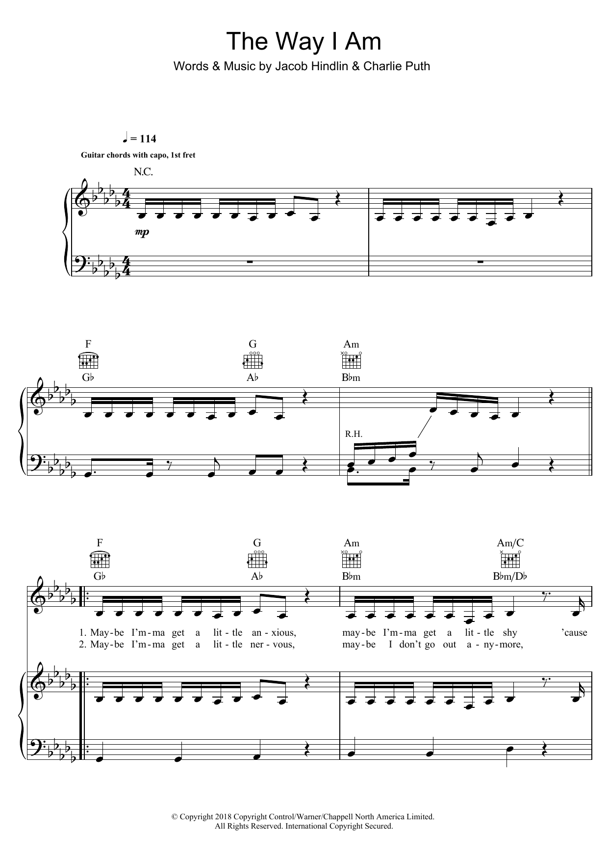 Charlie Puth The Way I Am sheet music notes and chords arranged for Piano, Vocal & Guitar Chords