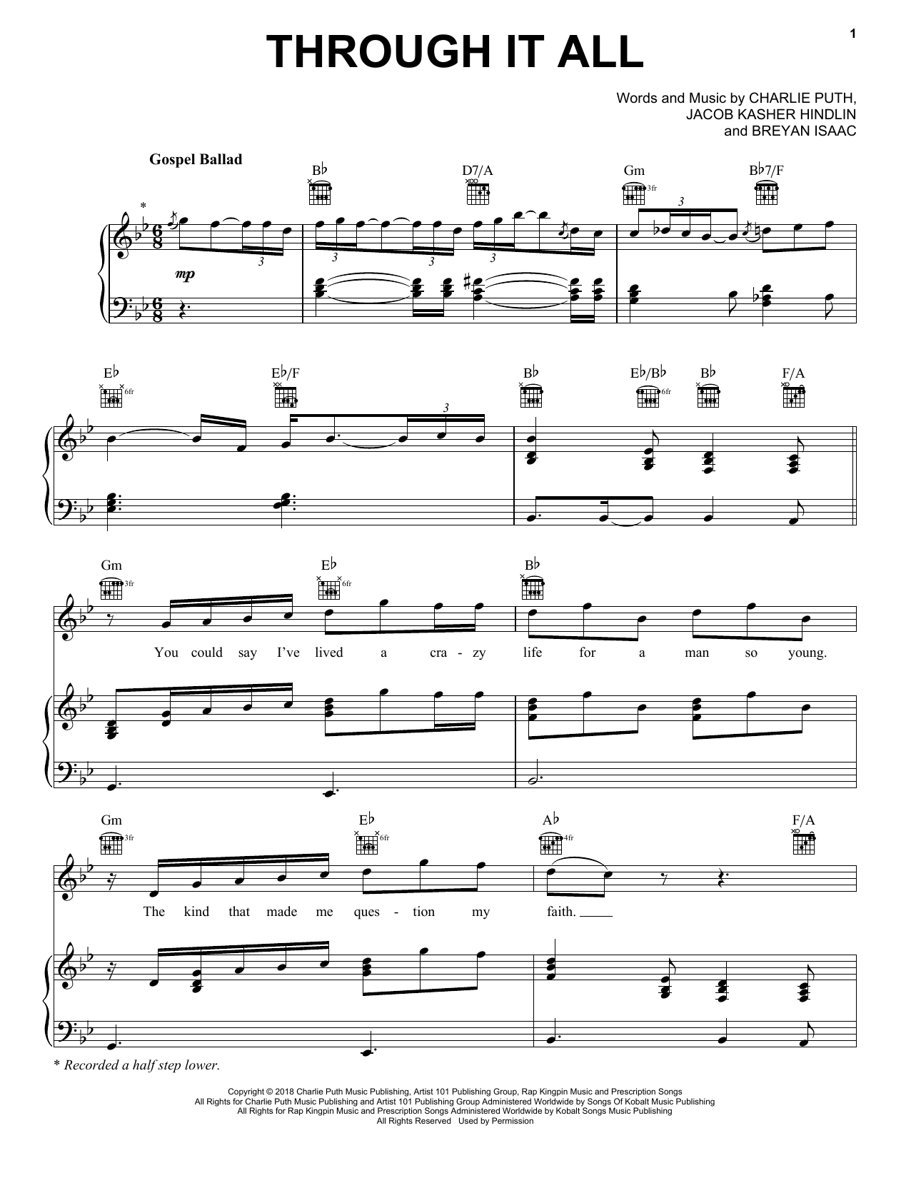 Charlie Puth Through It All sheet music notes and chords arranged for Piano, Vocal & Guitar Chords (Right-Hand Melody)