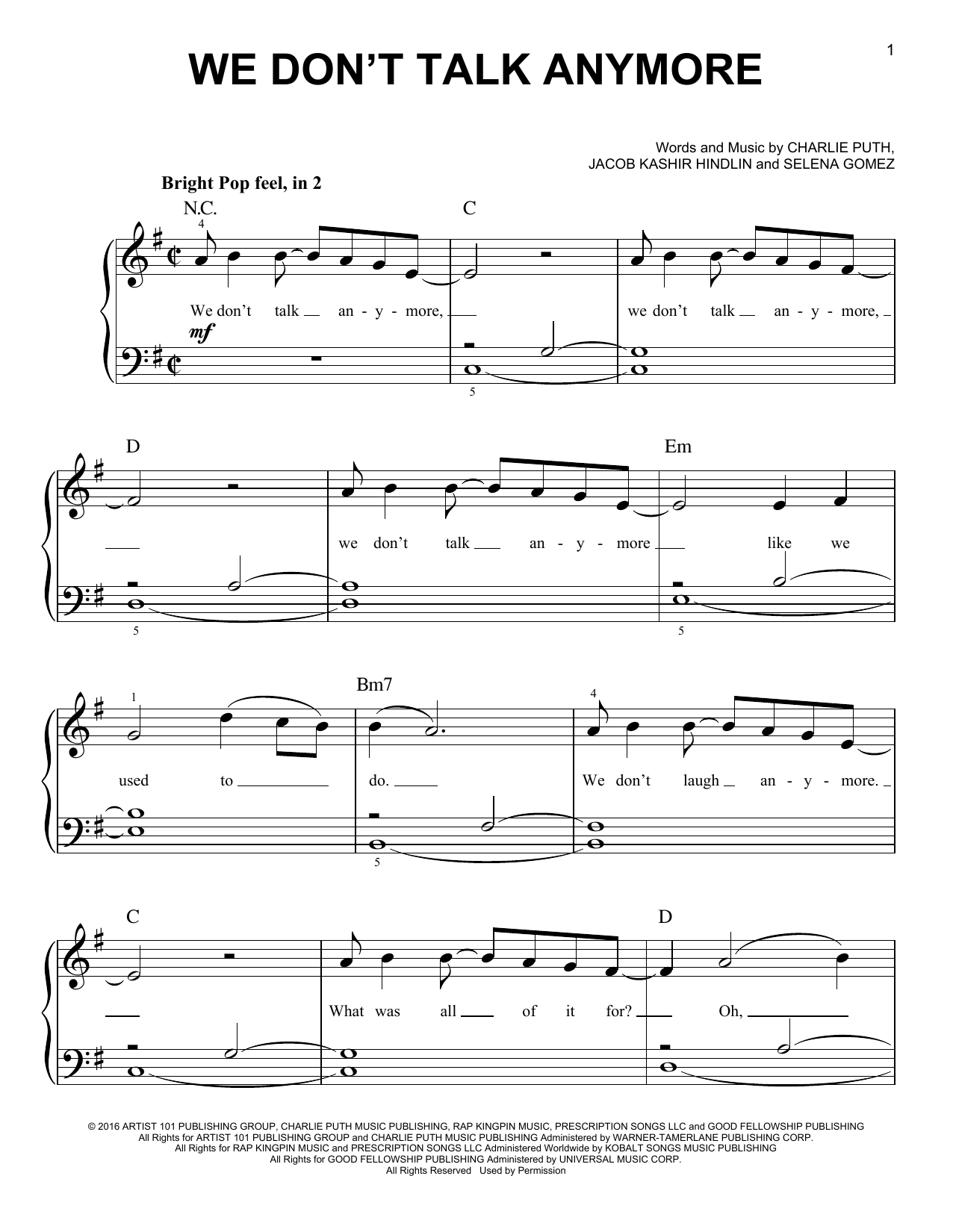 Charlie Puth We Don't Talk Anymore (feat. Selena Gomez) sheet music notes and chords arranged for Beginner Piano