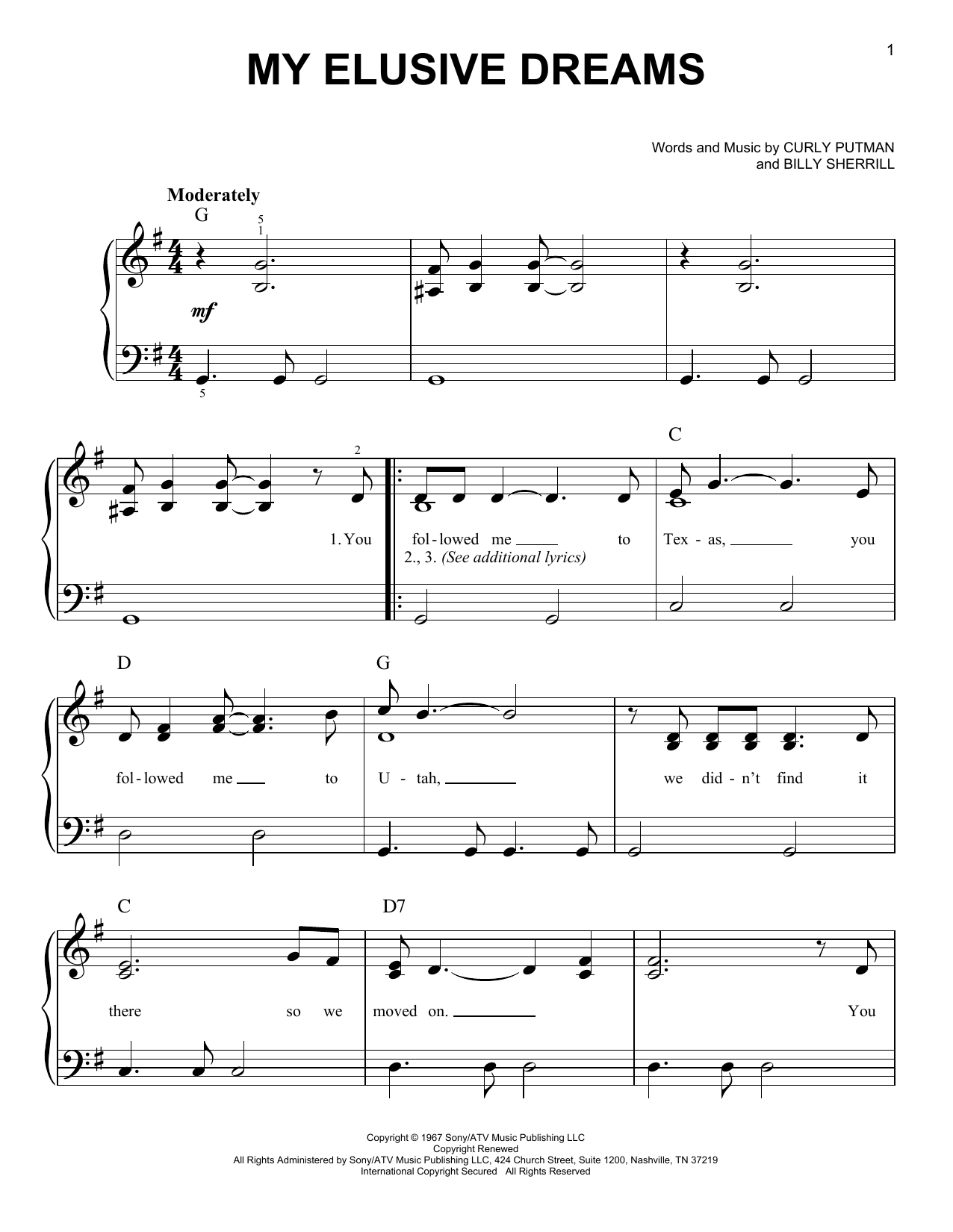 Charlie Rich My Elusive Dreams sheet music notes and chords arranged for Easy Piano