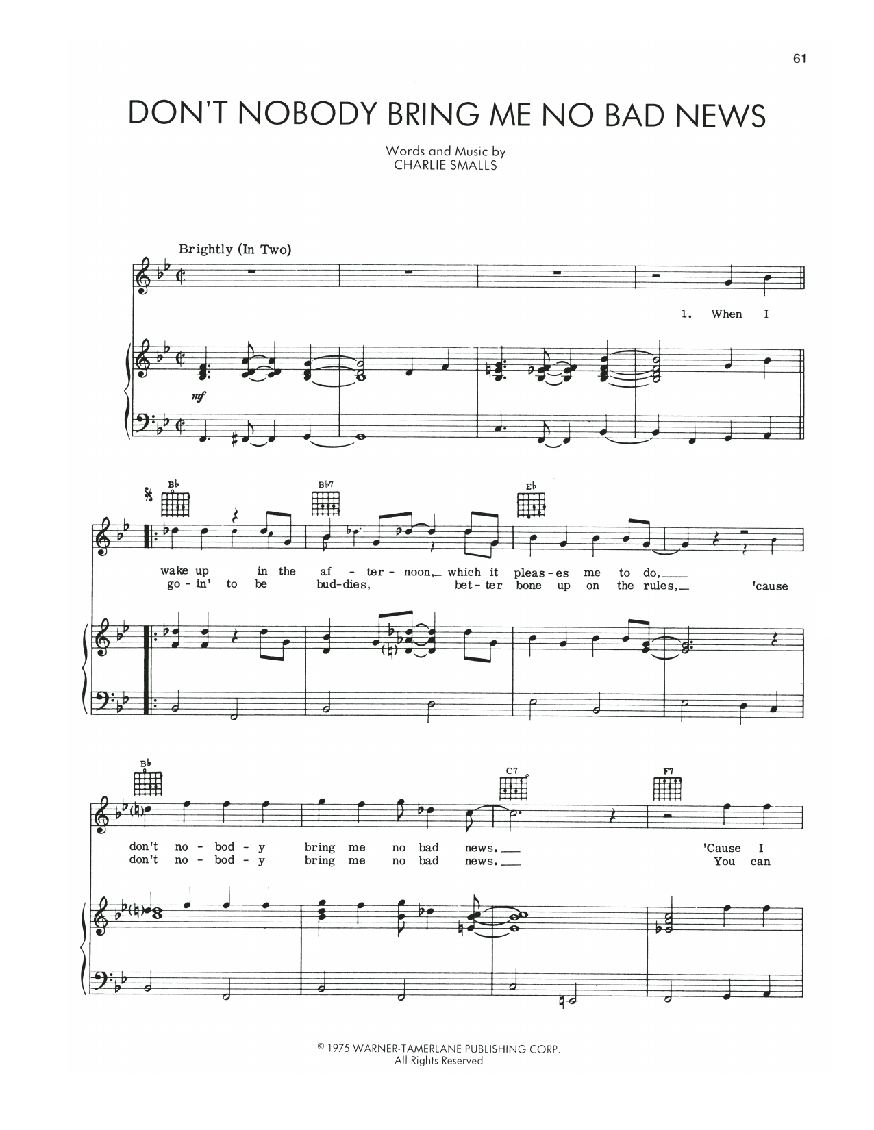 Charlie Smalls Don't Nobody Bring Me No Bad News (from The Wiz) sheet music notes and chords arranged for Piano, Vocal & Guitar Chords (Right-Hand Melody)