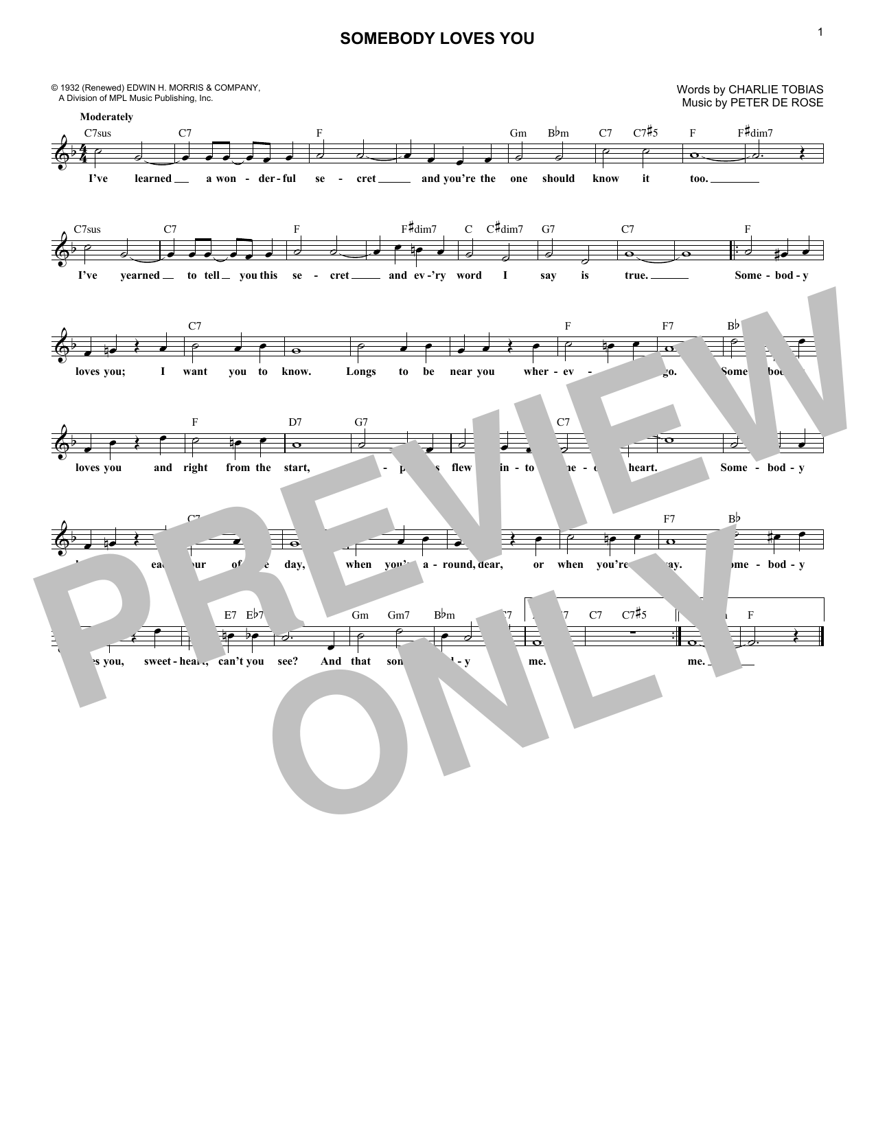 Charlie Tobias and Peter De Rose Somebody Loves You sheet music notes and chords arranged for Lead Sheet / Fake Book