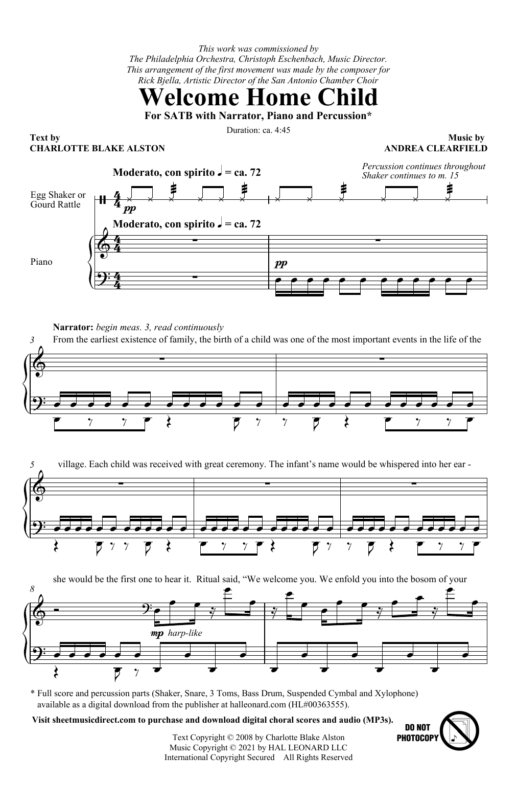 Charlotte Blake Alston and Andrea Clearfield Welcome Home Child sheet music notes and chords arranged for SATB Choir