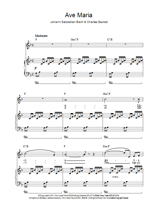 Charlotte Church Ave Maria sheet music notes and chords arranged for Piano, Vocal & Guitar Chords