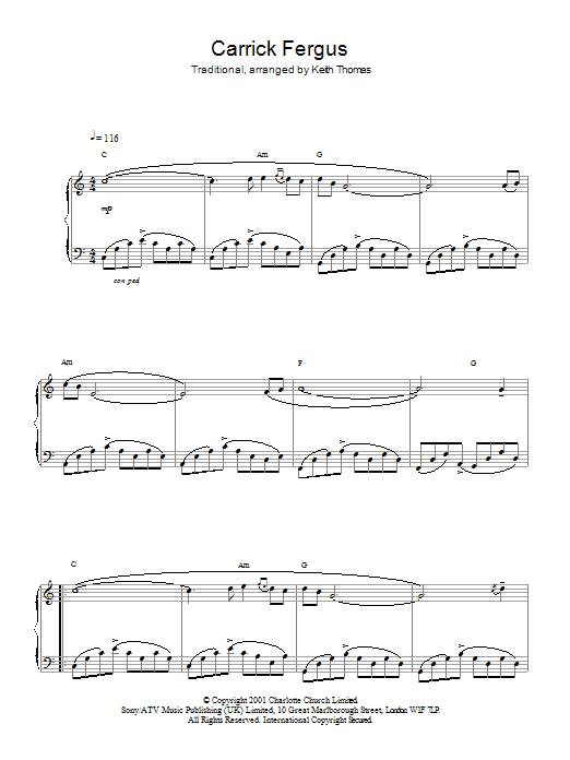 Charlotte Church Carrick Fergus sheet music notes and chords arranged for Piano, Vocal & Guitar Chords
