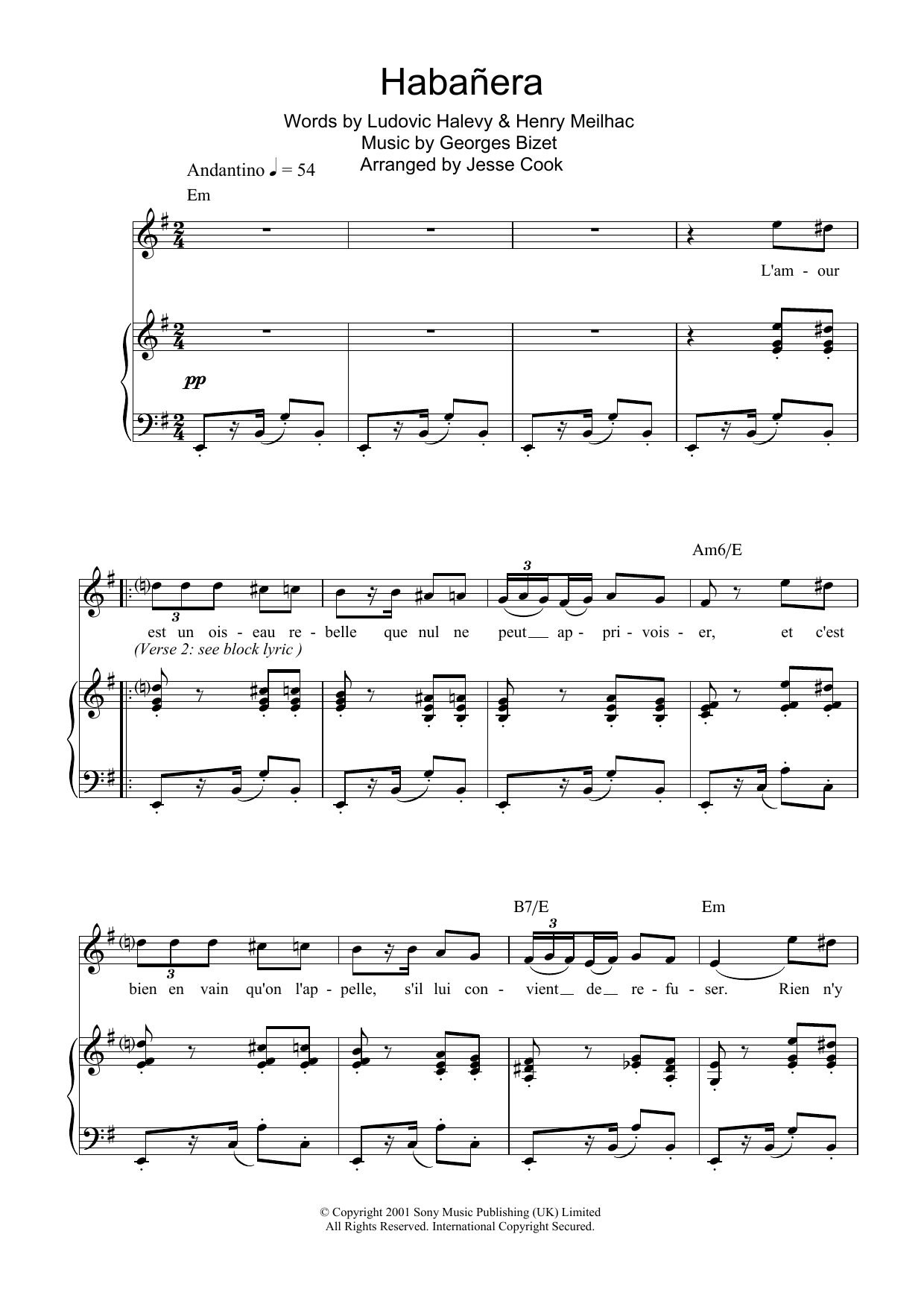 Charlotte Church Habanera (from Carmen) sheet music notes and chords arranged for Piano, Vocal & Guitar Chords