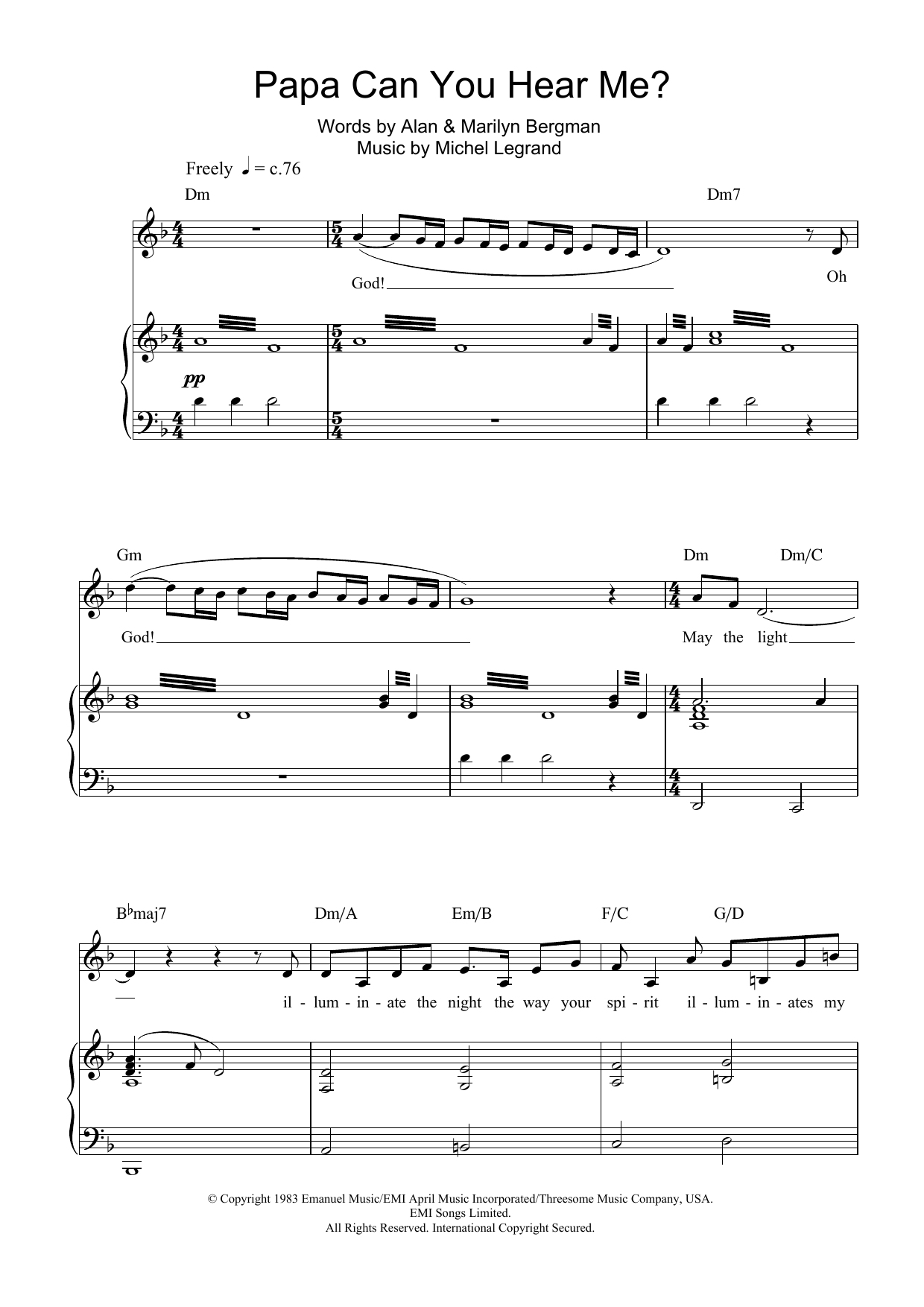 Charlotte Church Papa Can You Hear Me? sheet music notes and chords arranged for Piano, Vocal & Guitar Chords