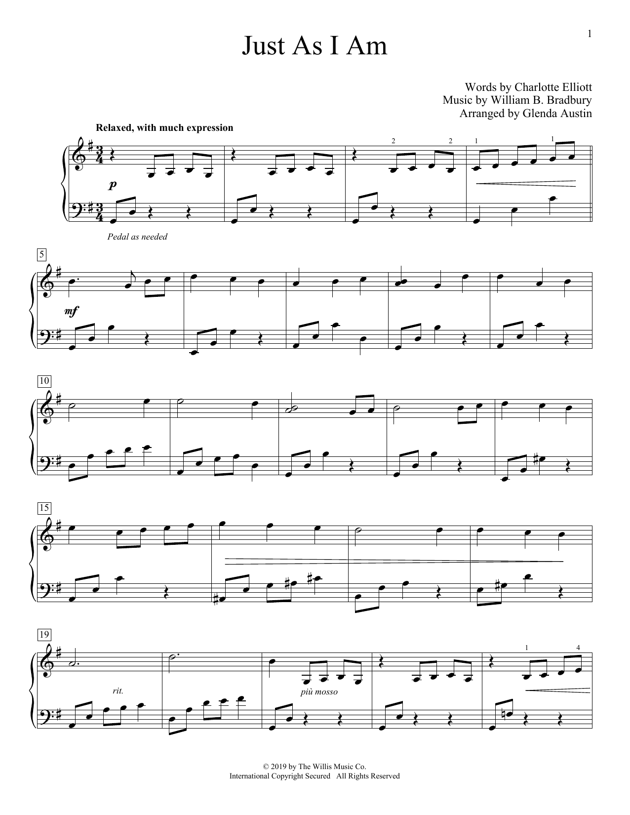Charlotte Elliott Just As I Am (arr. Glenda Austin) sheet music notes and chords arranged for Educational Piano
