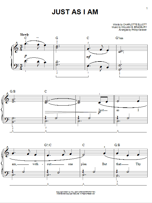 Charlotte Elliott Just As I Am (arr. Phillip Keveren) sheet music notes and chords arranged for Easy Piano