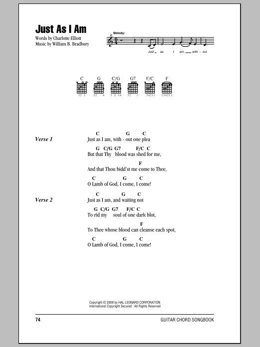 Charlotte Elliott Just As I Am sheet music notes and chords arranged for Piano Chords/Lyrics