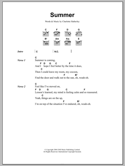 Charlotte Hatherley Summer sheet music notes and chords arranged for Guitar Chords/Lyrics