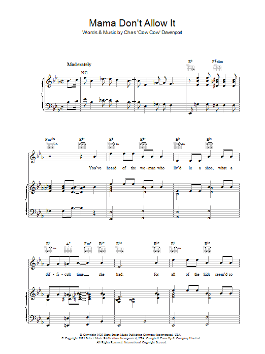 Chas 'Cow Cow' Davenport Mama Don't Allow It sheet music notes and chords arranged for Piano, Vocal & Guitar Chords