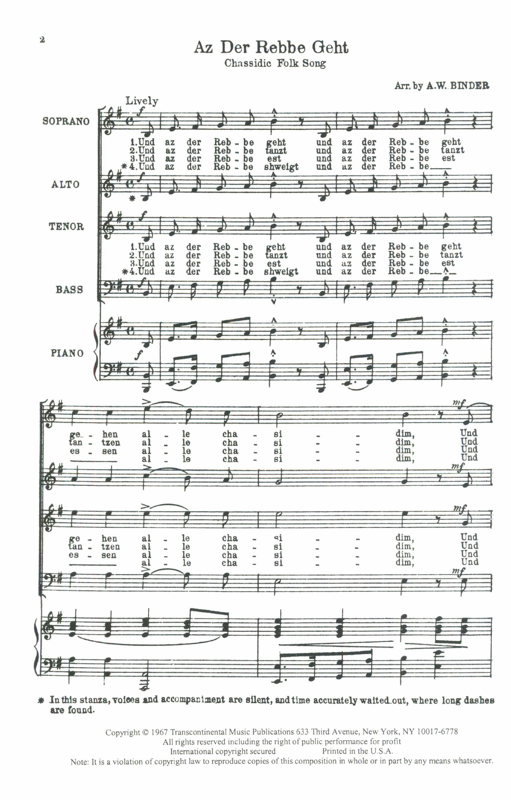 Chassidic Folk Song Az Der Rebbe Geht (arr. A.W. Binder) sheet music notes and chords arranged for SATB Choir