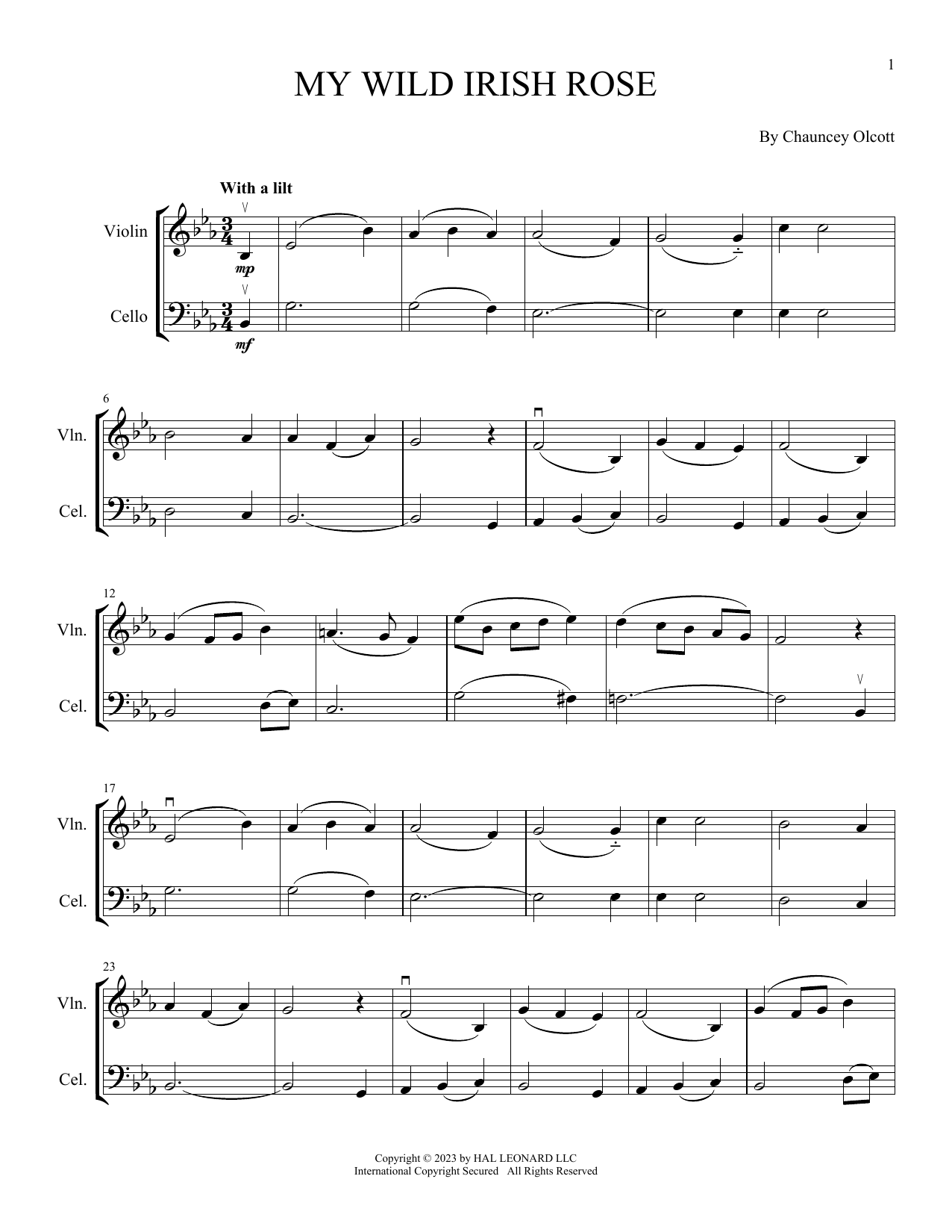 Chauncey Olcott My Wild Irish Rose (arr. Michelle Hynson) sheet music notes and chords arranged for Instrumental Duet