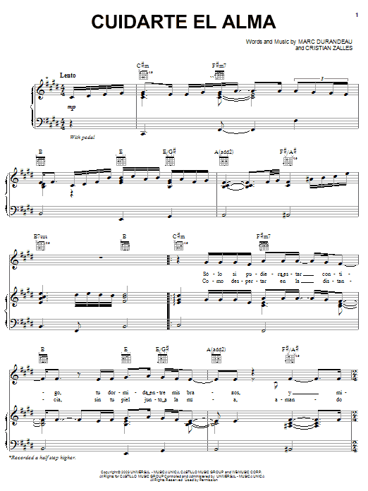 Chayanne Cuidarte El Alma sheet music notes and chords arranged for Piano, Vocal & Guitar Chords (Right-Hand Melody)