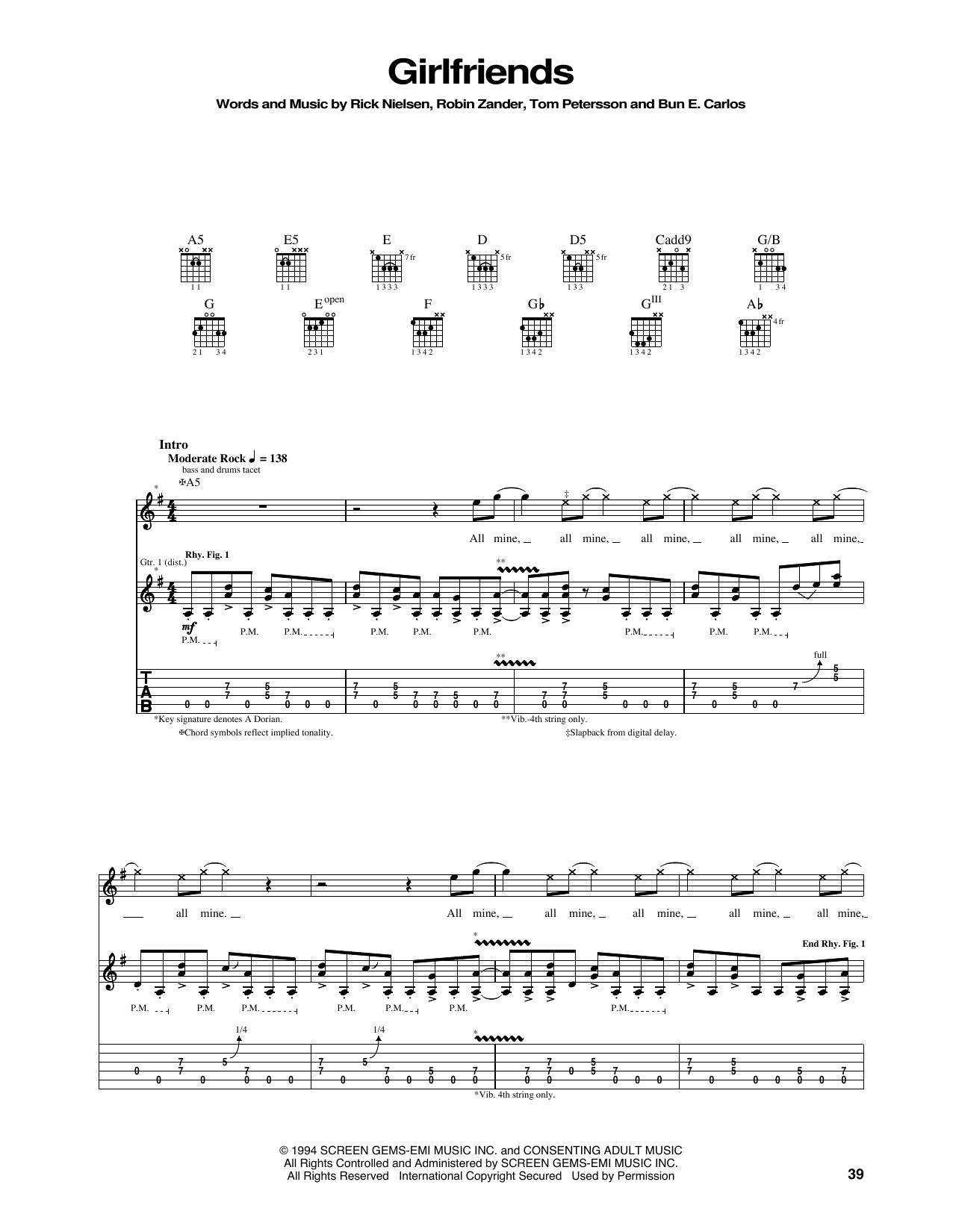 Cheap Trick Girlfriends sheet music notes and chords arranged for Guitar Tab