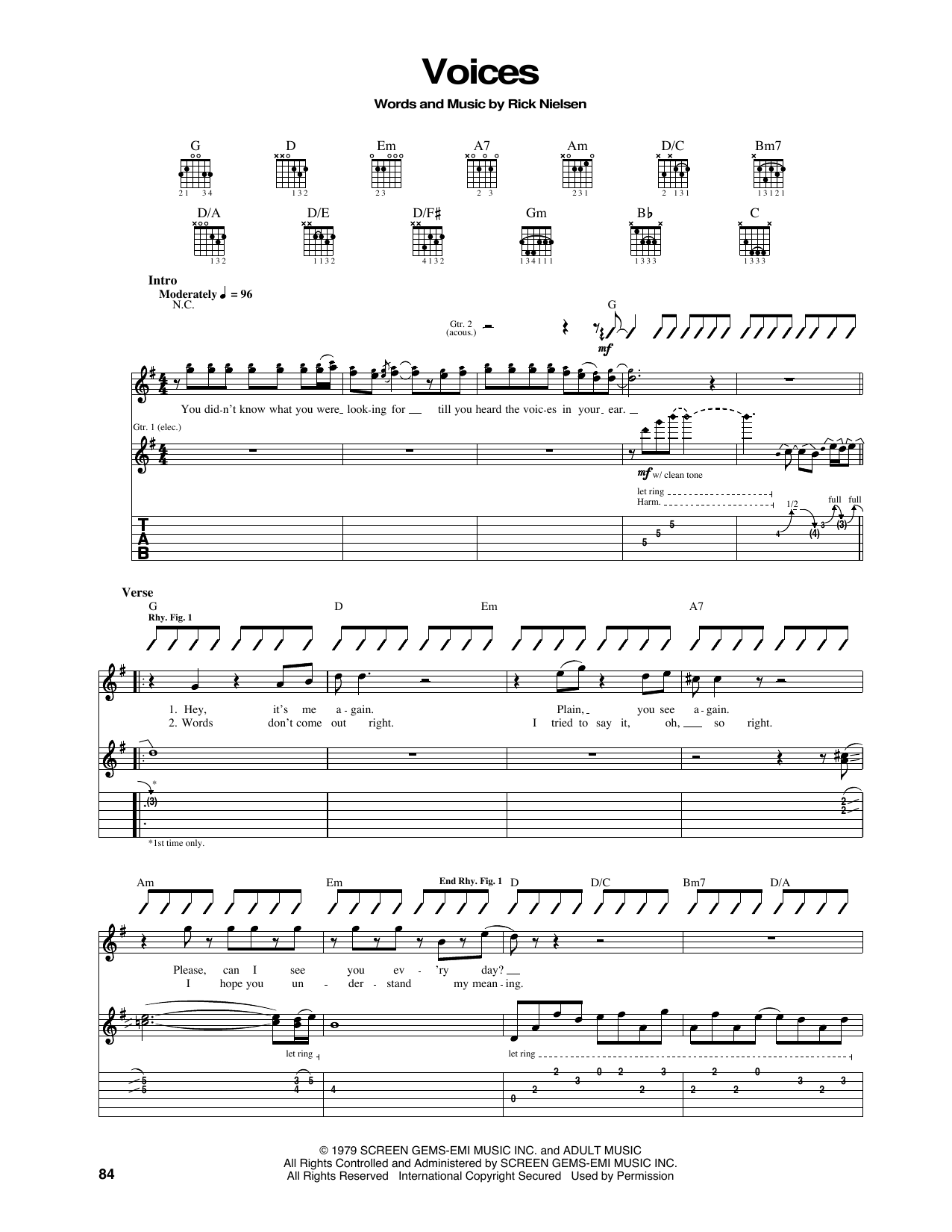 Cheap Trick Voices sheet music notes and chords arranged for Piano, Vocal & Guitar Chords (Right-Hand Melody)