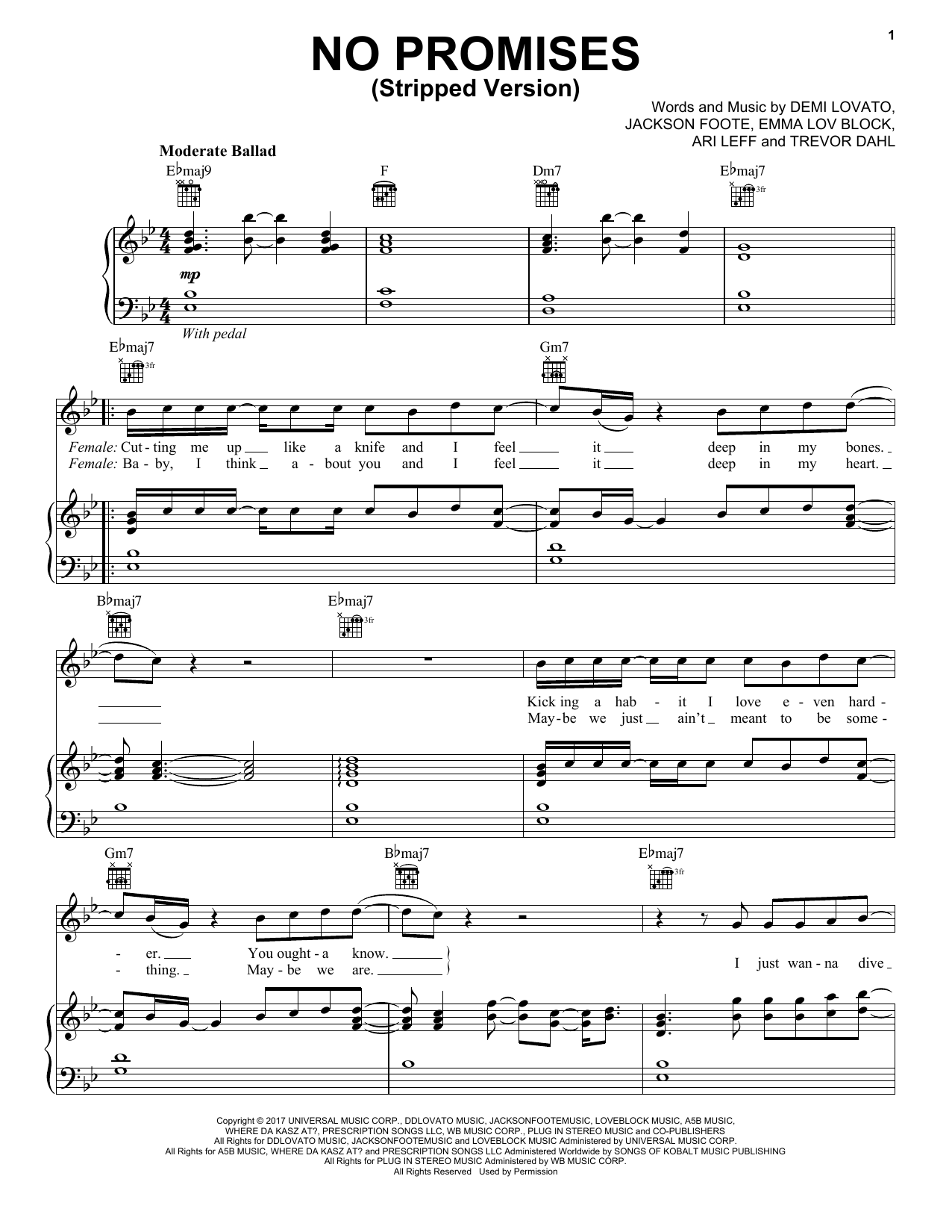 Cheat Codes feat. Demi Lovato No Promises sheet music notes and chords arranged for Piano, Vocal & Guitar Chords (Right-Hand Melody)