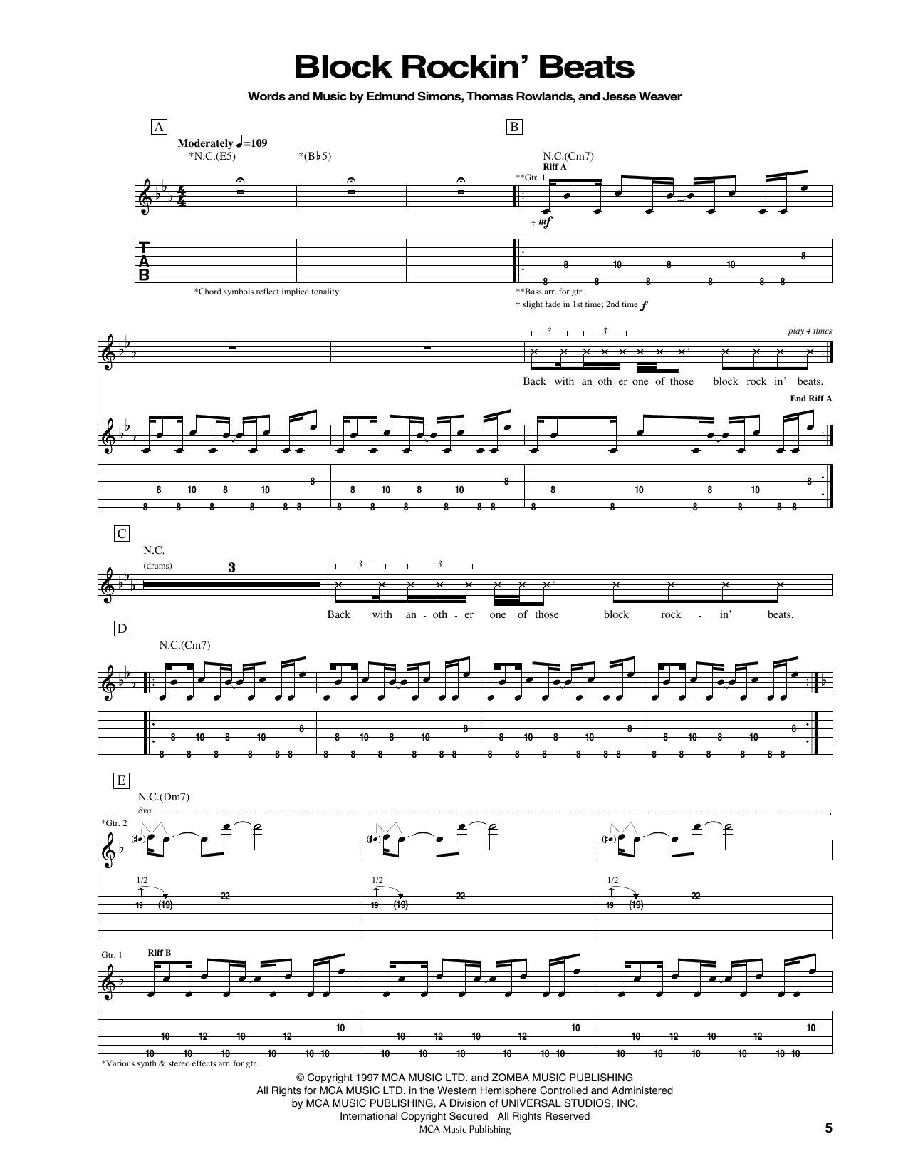 Chemical Brothers Block Rockin' Beats sheet music notes and chords arranged for Guitar Tab