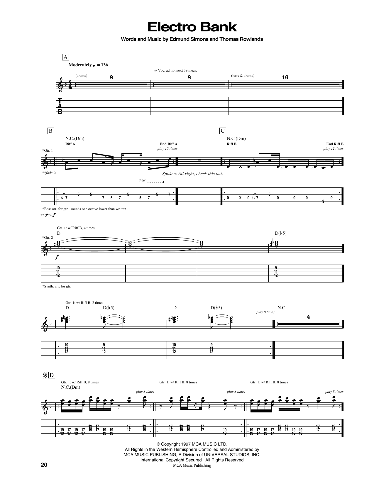 Chemical Brothers Electro Bank sheet music notes and chords arranged for Guitar Tab