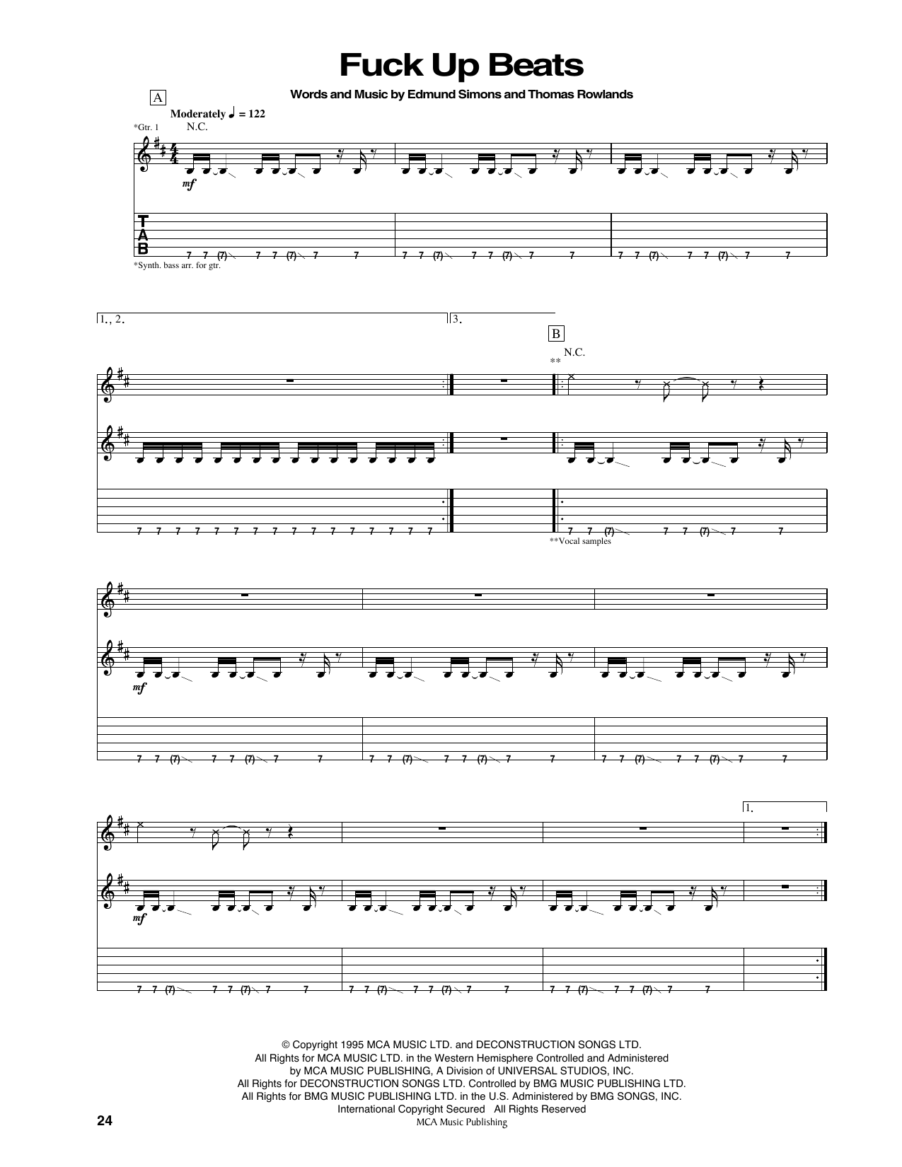 Chemical Brothers Fuck Up Beats sheet music notes and chords arranged for Guitar Tab