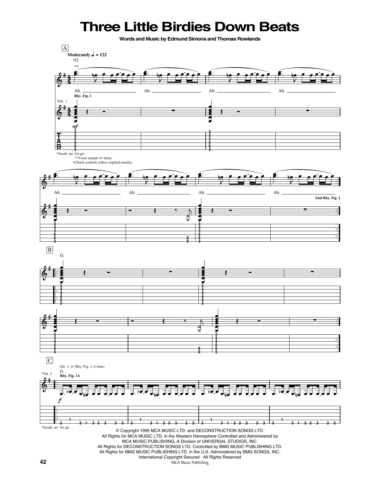 Chemical Brothers Three Little Birdies Down Beats sheet music notes and chords arranged for Guitar Tab