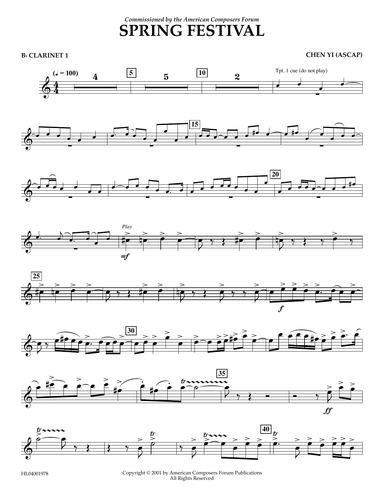 Chen Yi Spring Festival - Bb Clarinet 1 sheet music notes and chords arranged for Concert Band