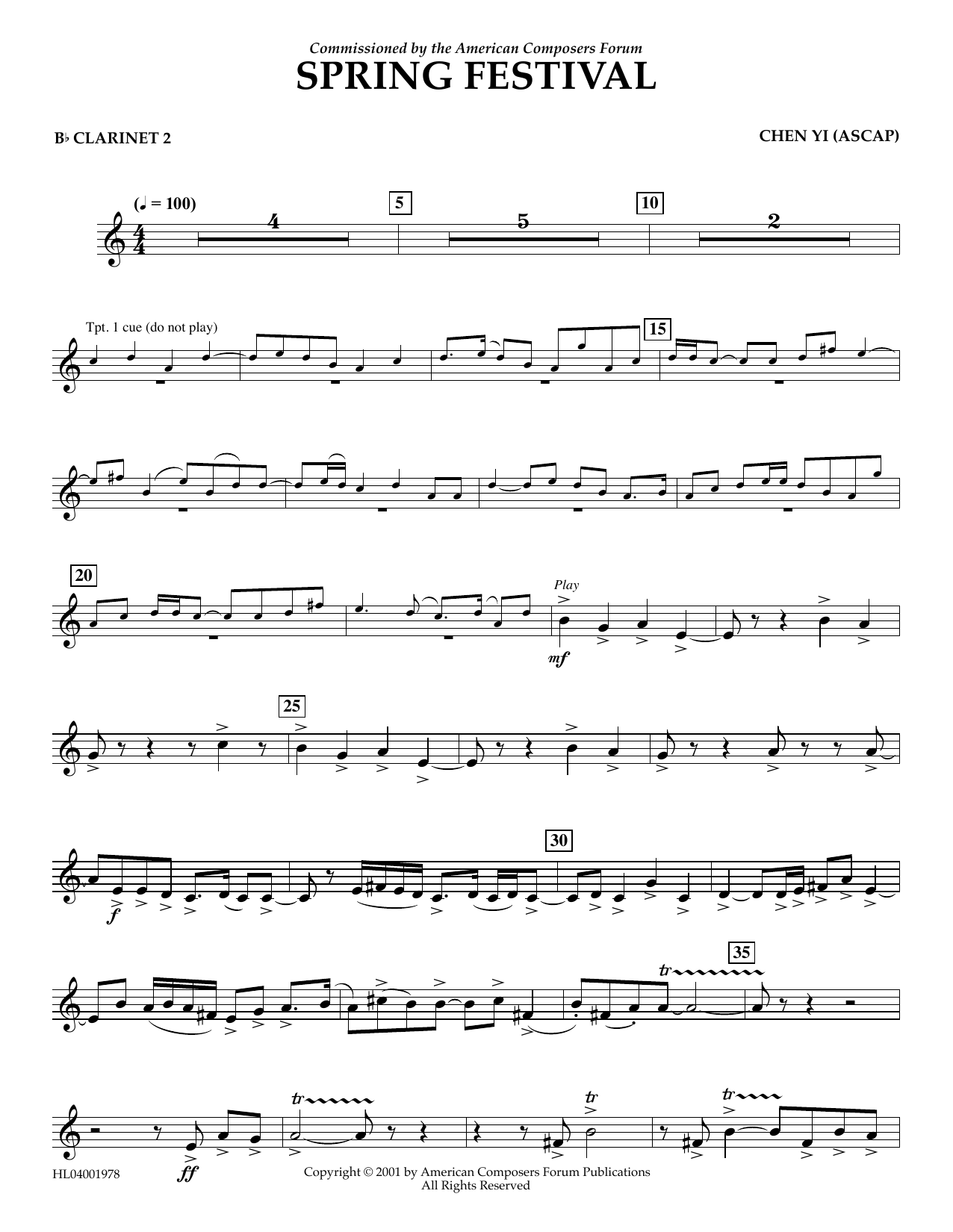Chen Yi Spring Festival - Bb Clarinet 2 sheet music notes and chords arranged for Concert Band