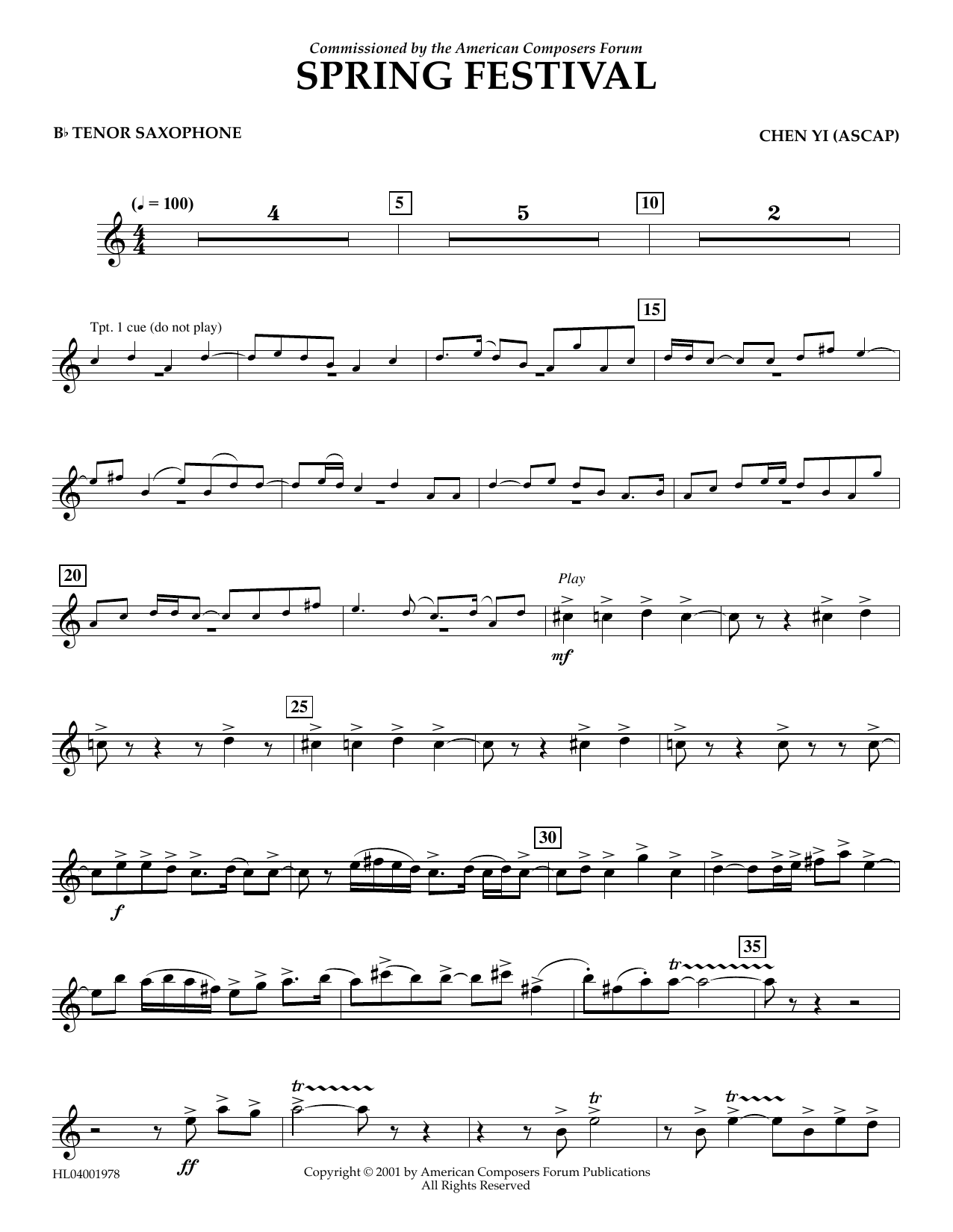 Chen Yi Spring Festival - Bb Tenor Saxophone sheet music notes and chords arranged for Concert Band