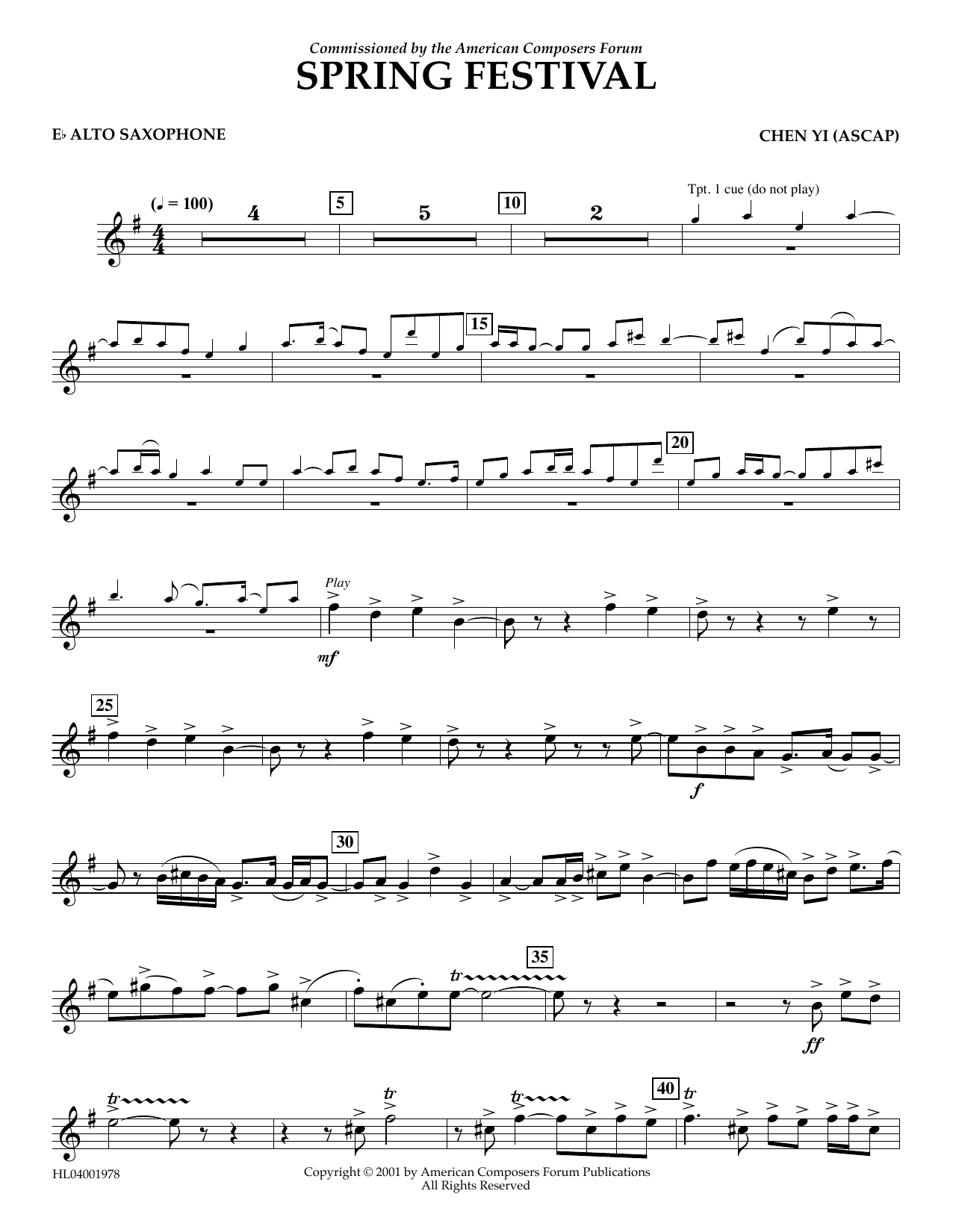 Chen Yi Spring Festival - Eb Alto Saxophone sheet music notes and chords arranged for Concert Band