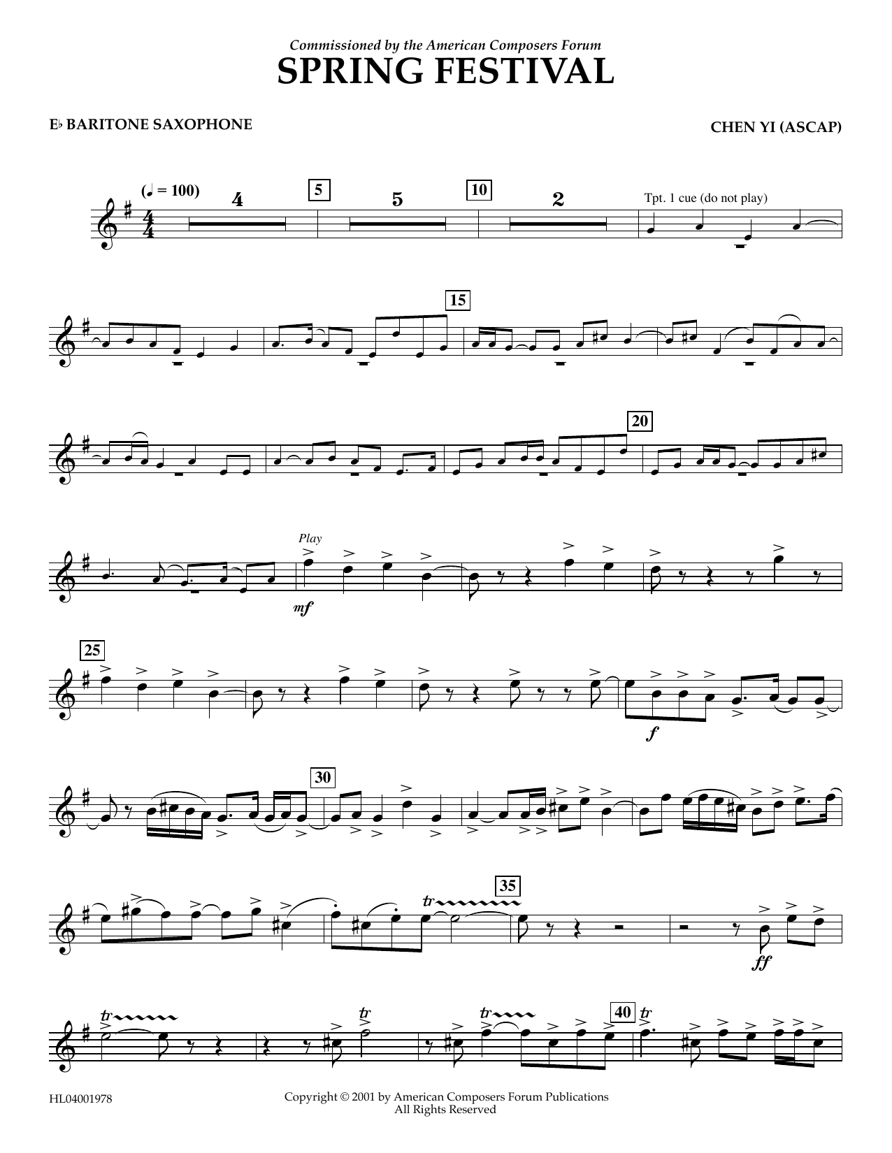 Chen Yi Spring Festival - Eb Baritone Saxophone sheet music notes and chords arranged for Concert Band
