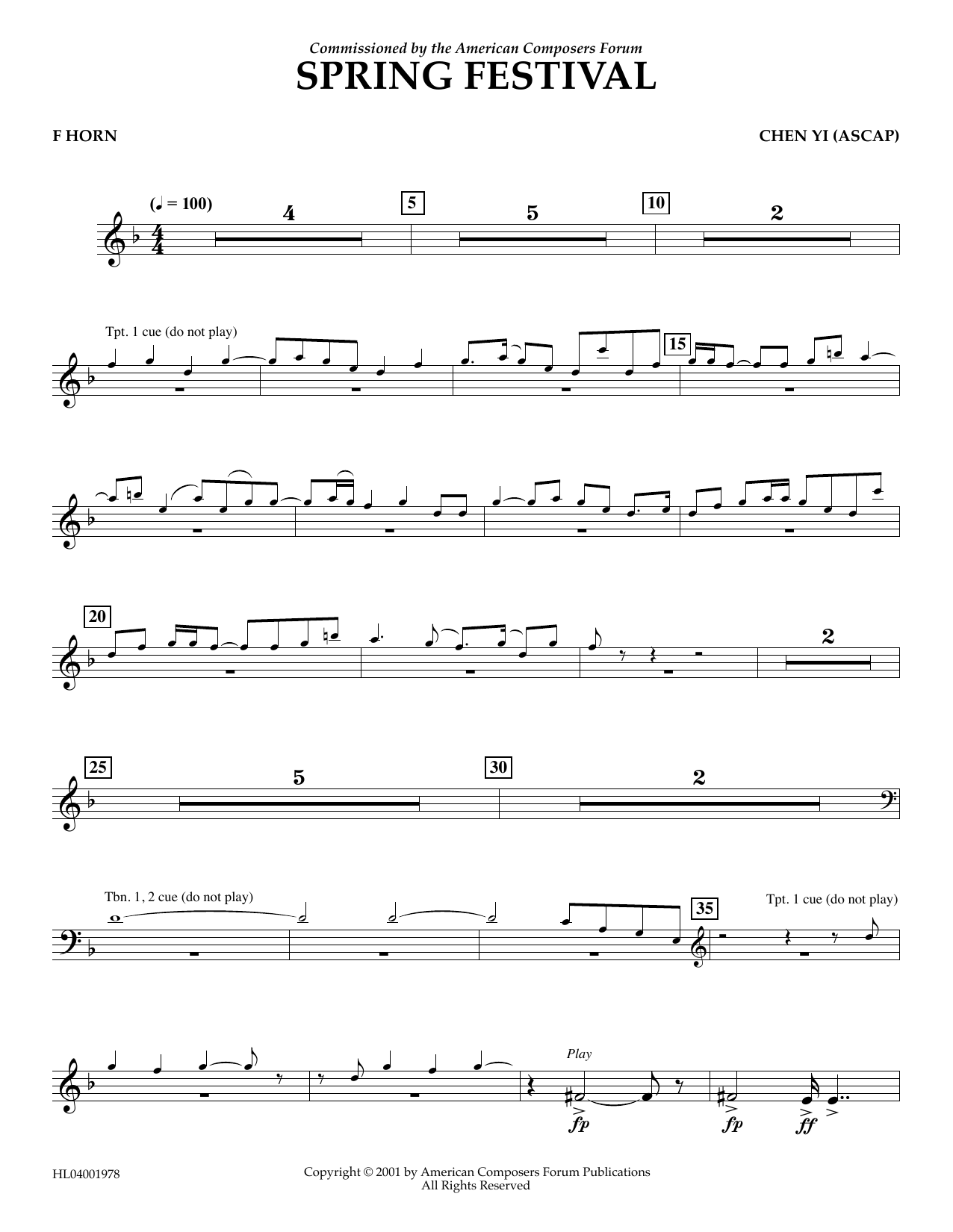 Chen Yi Spring Festival - F Horn sheet music notes and chords arranged for Concert Band