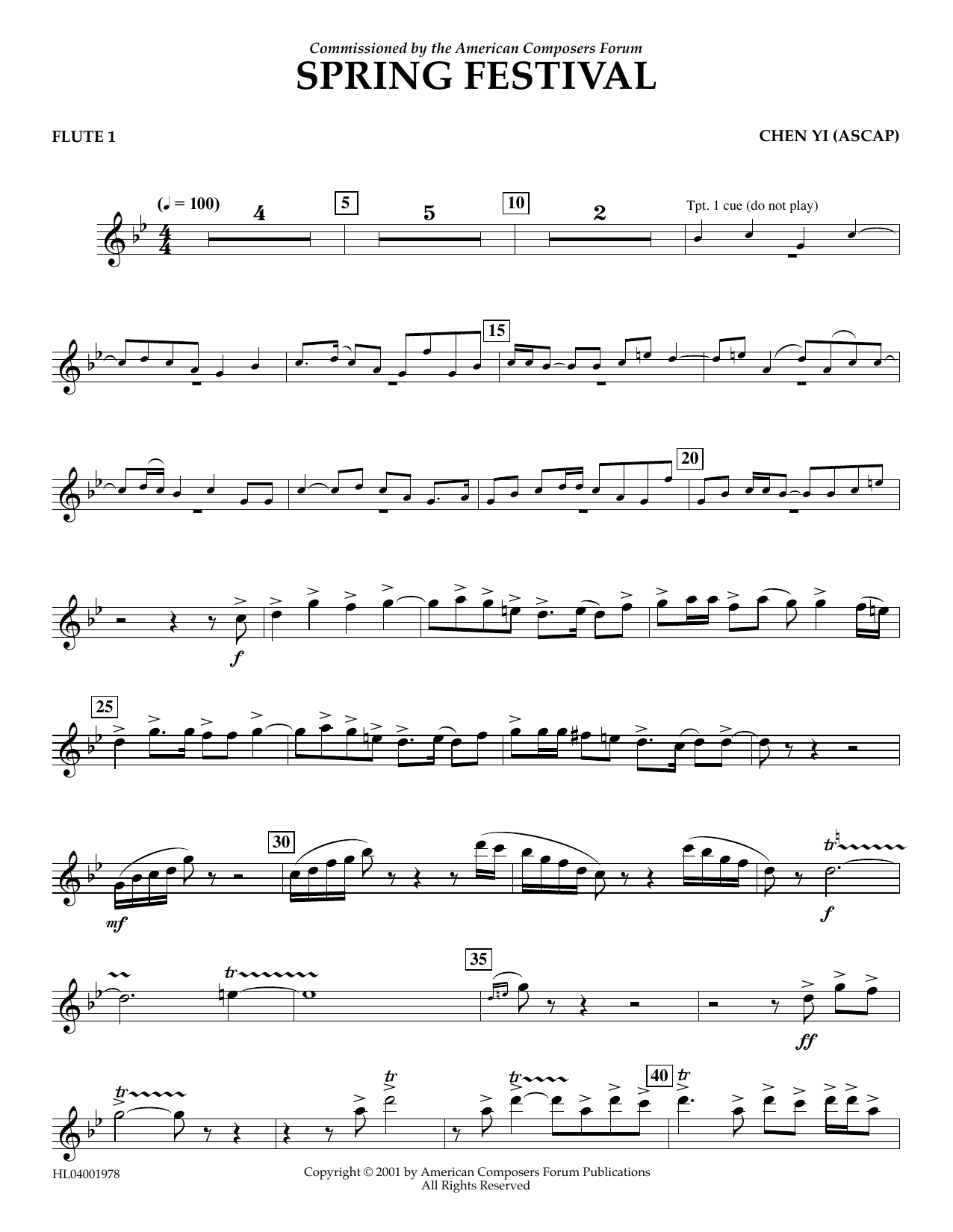 Chen Yi Spring Festival - Flute 1 sheet music notes and chords arranged for Concert Band
