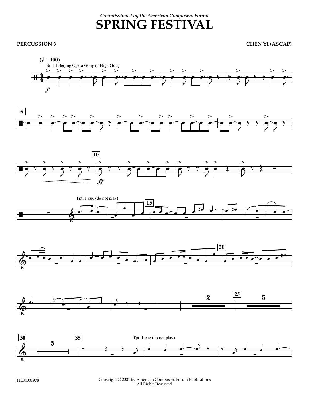 Chen Yi Spring Festival - Percussion 3 sheet music notes and chords arranged for Concert Band