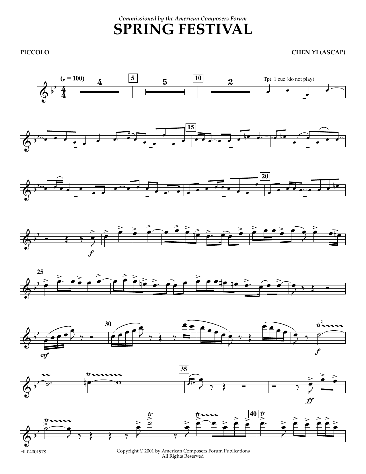 Chen Yi Spring Festival - Piccolo sheet music notes and chords arranged for Concert Band
