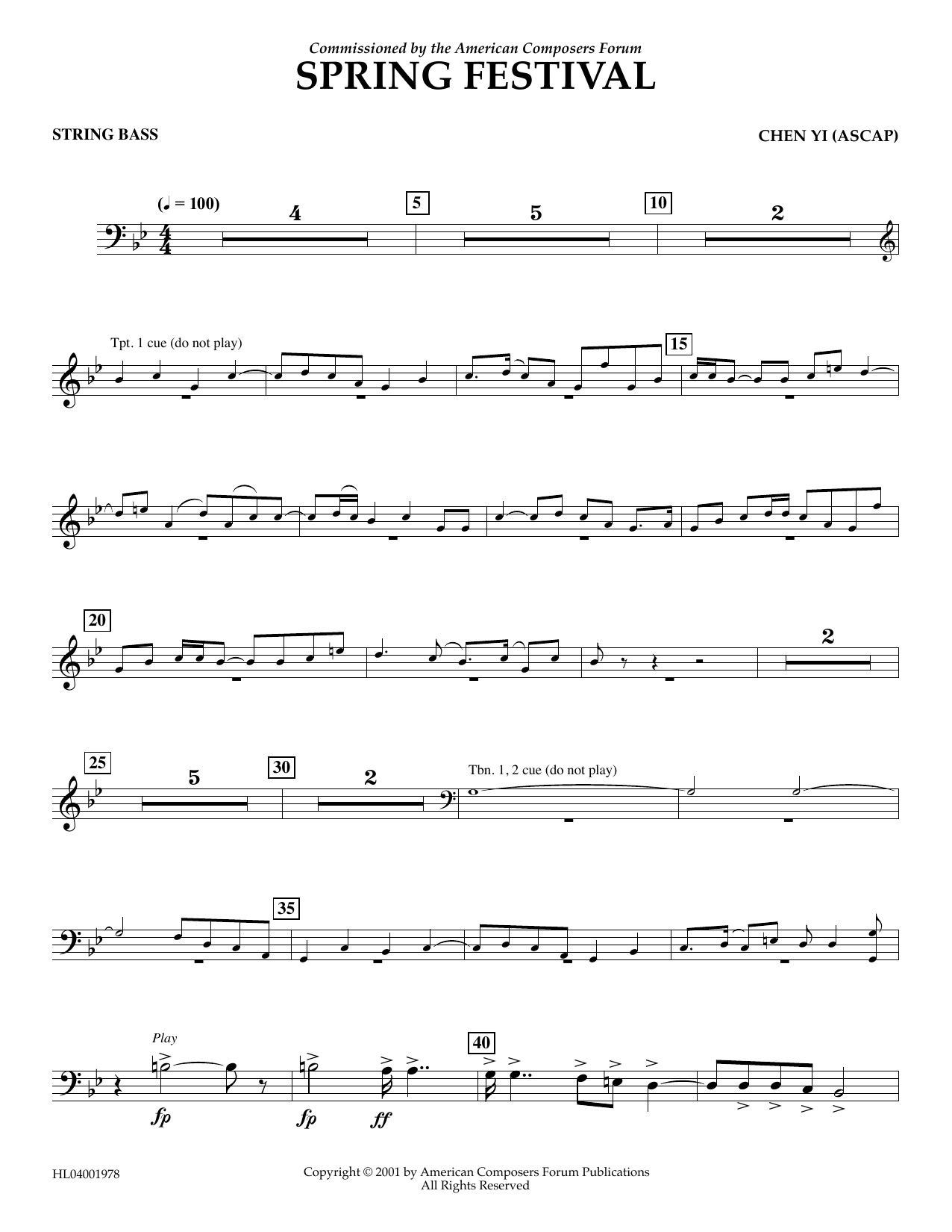 Chen Yi Spring Festival - String Bass sheet music notes and chords arranged for Concert Band