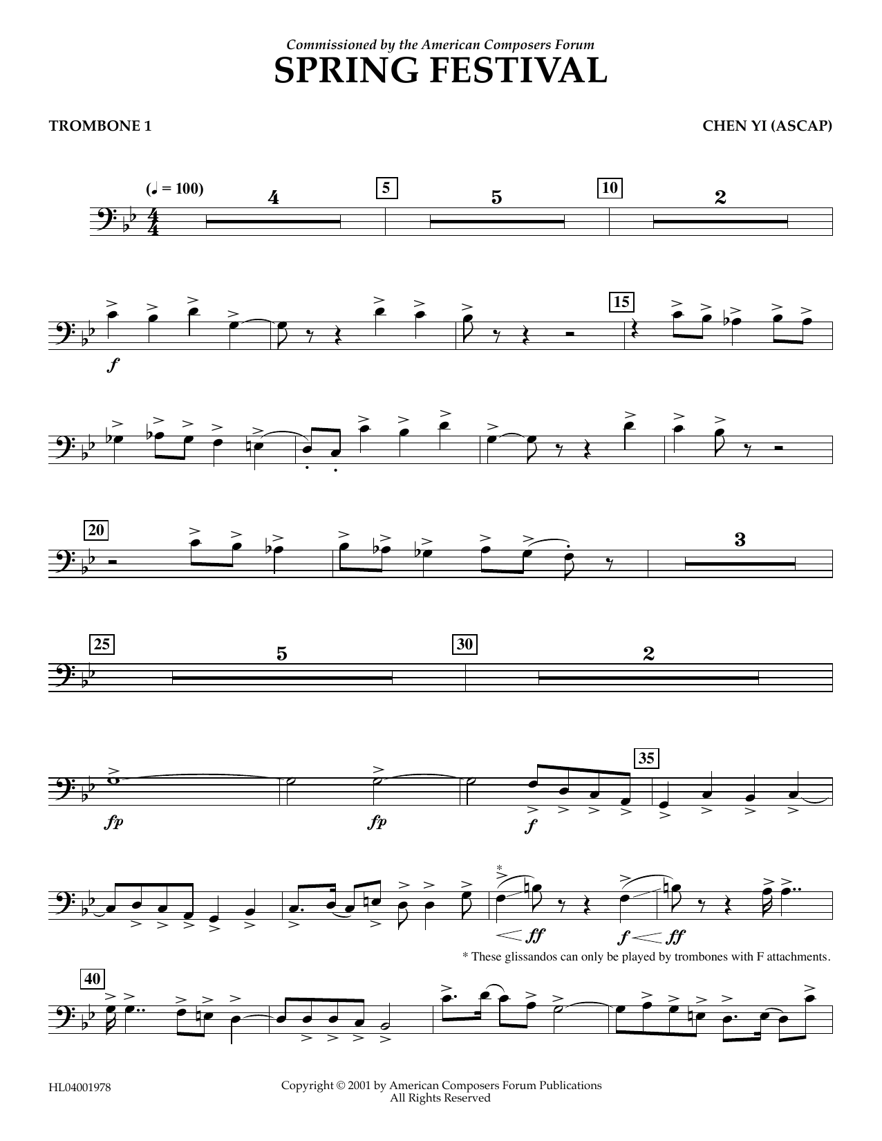 Chen Yi Spring Festival - Trombone 1 sheet music notes and chords arranged for Concert Band