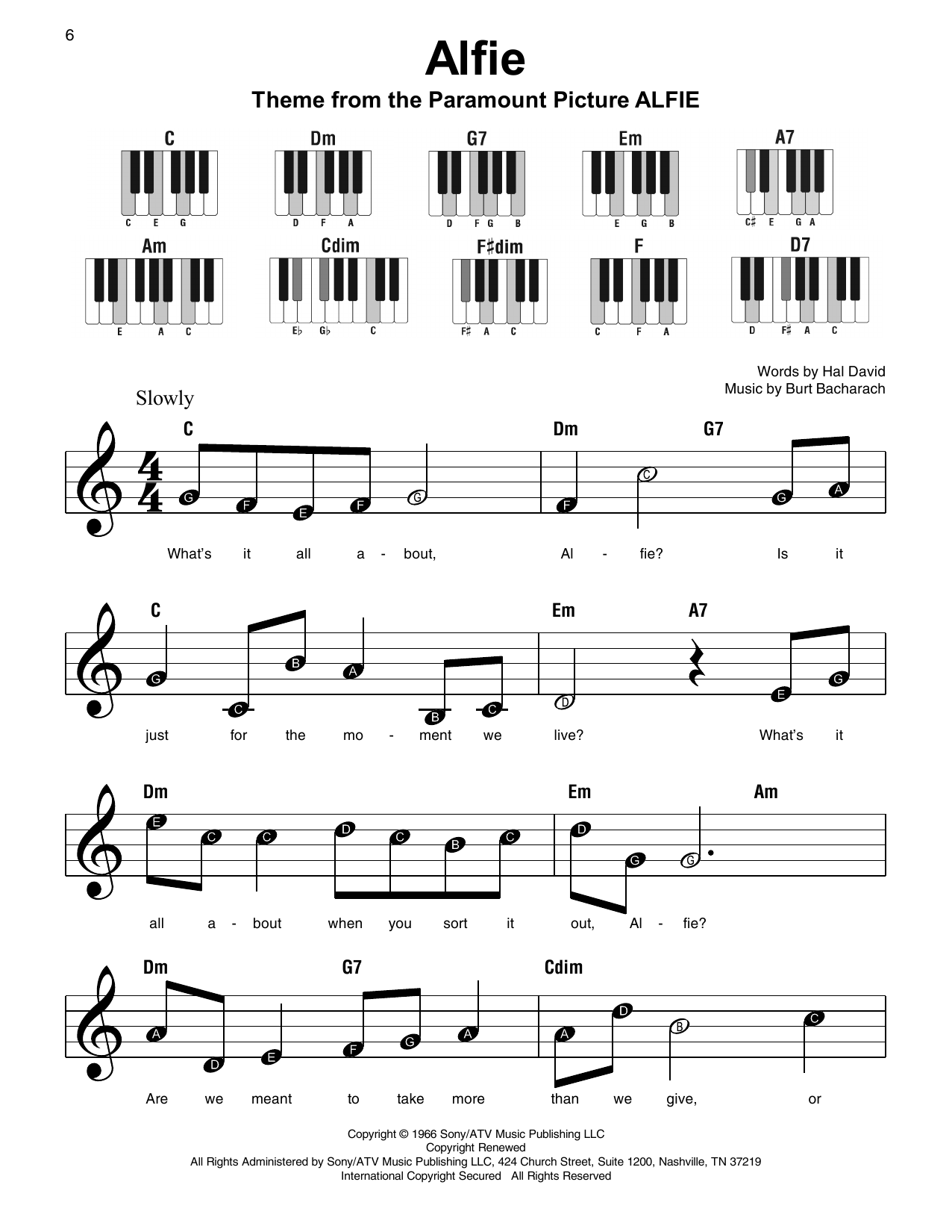 Cher Alfie sheet music notes and chords arranged for Super Easy Piano