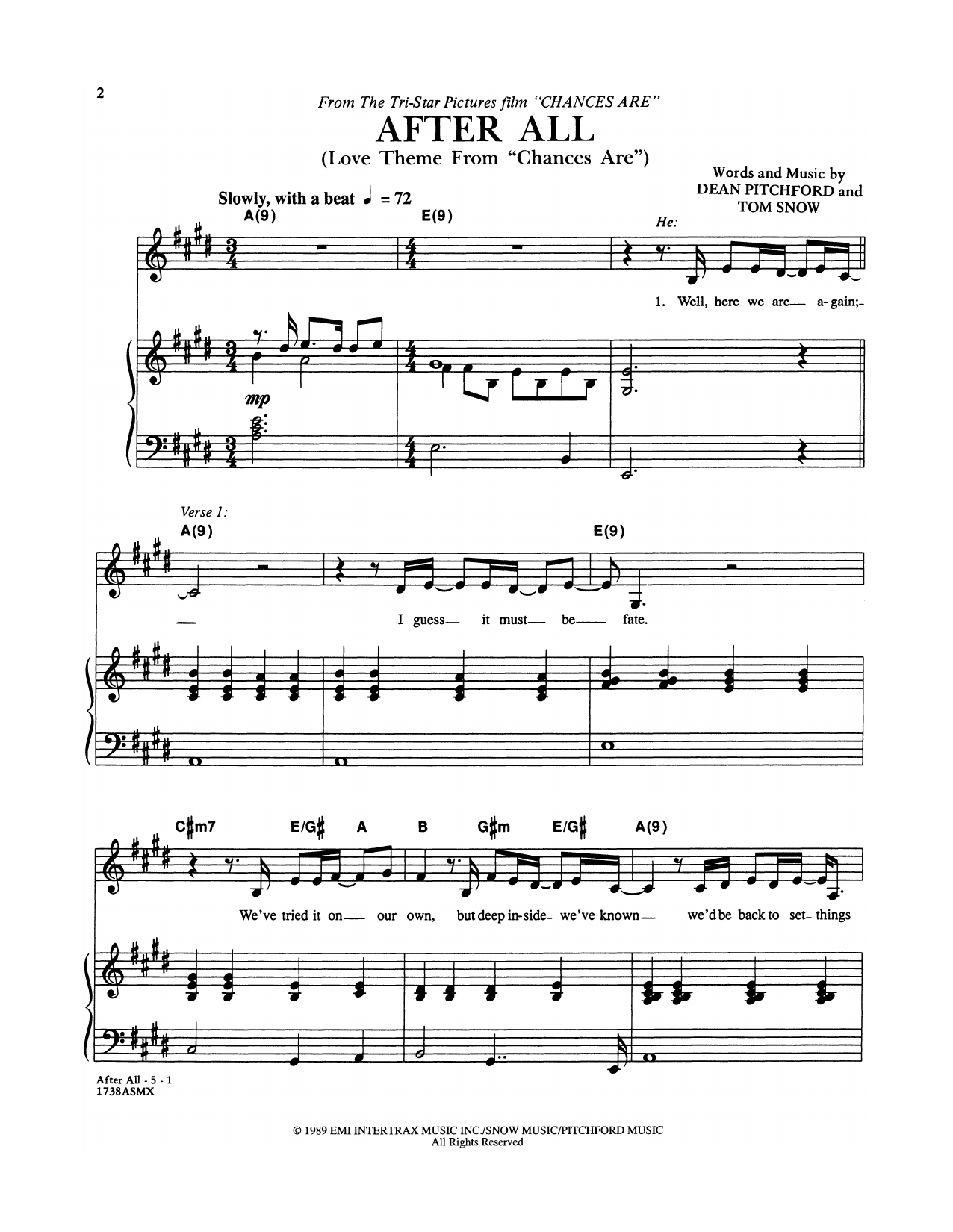 Cher and Peter Cetera After All (Love Theme from Chances Are) sheet music notes and chords arranged for Piano & Vocal